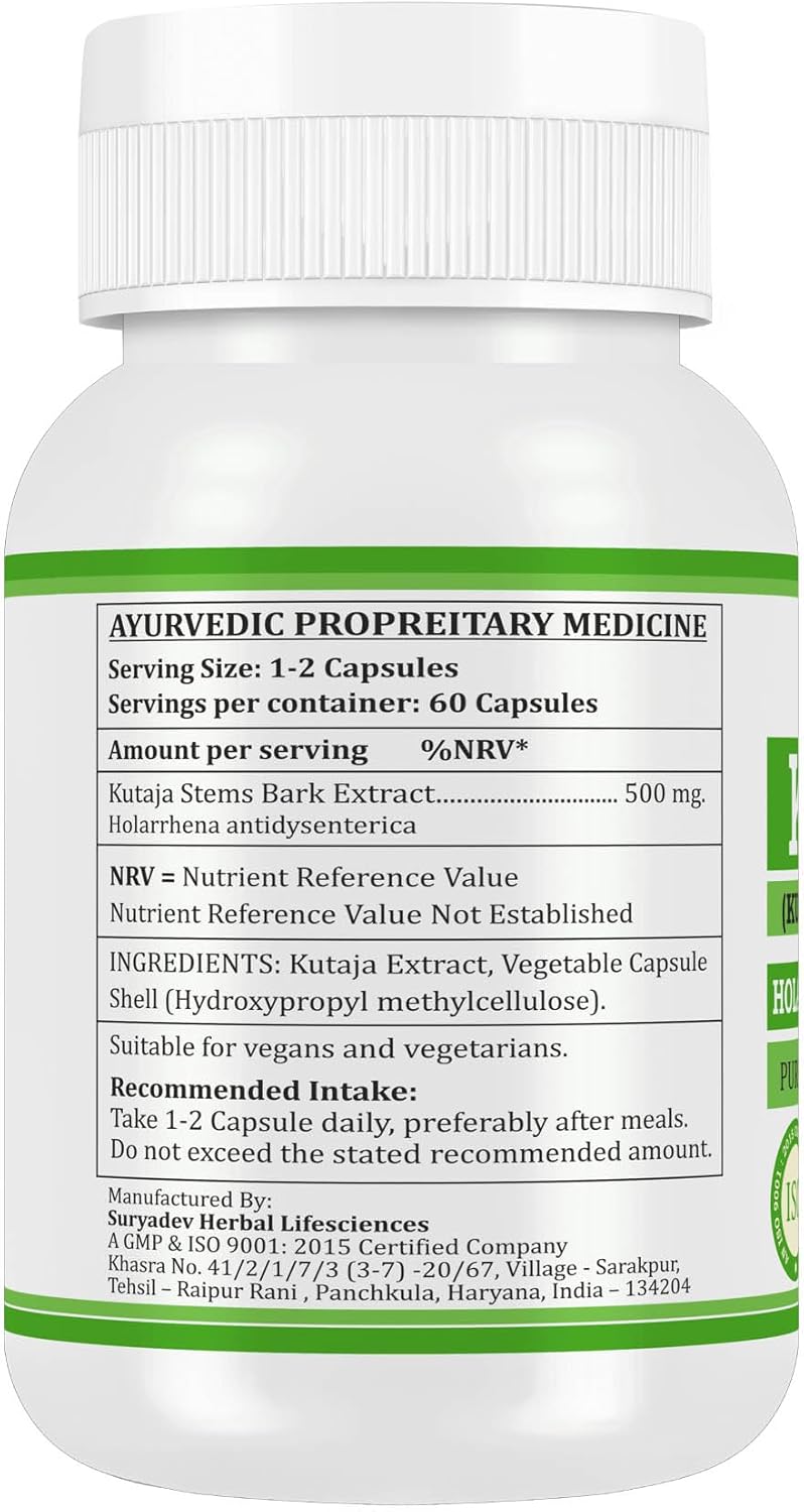Morsan Nutraveda’s Kutaja (Holarrhena Antidysenterica) Capsule | Highest Potency, 100% Natural Product | Pack of 60 x 500 mg. Veg. Capsules (4)