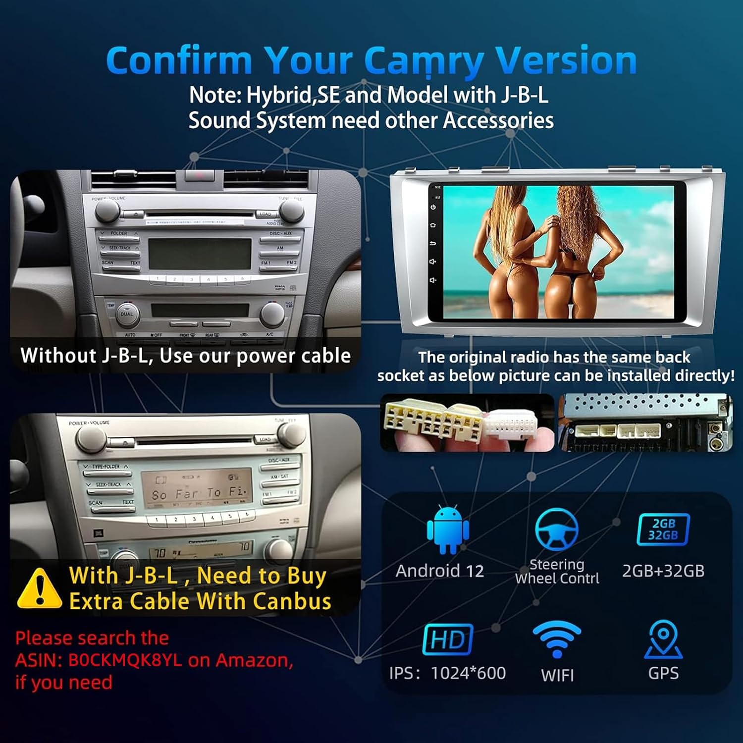 Diagram showing Toyota Camry dashboard with and without JBL sound system, indicating different wiring requirements.