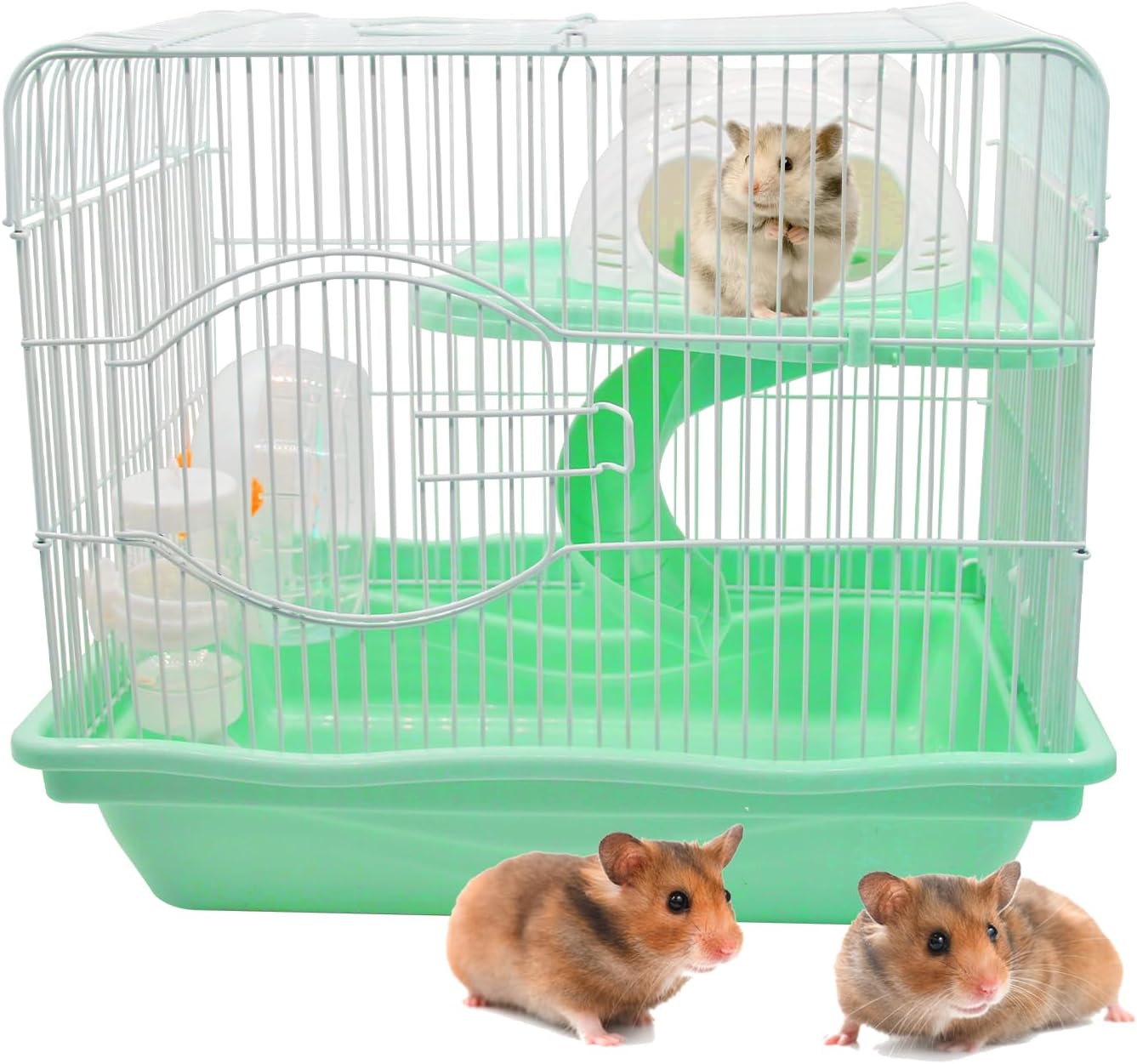2-Tier Portable Hamster Cage and Habitats,Travel Metal Mouse Cages with Free Water Bottle,Houses and Exercise Wheel for Any Breed of Hamster and Small Animal (14.6×11.0x11.8inch Green)