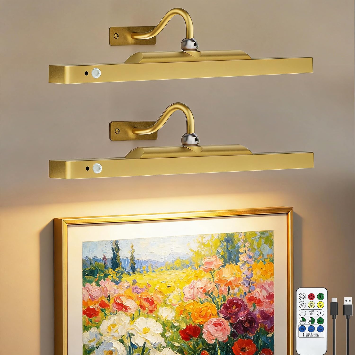 TANBABY Rechargeable Motion Sensor Picture Lights for Wall, Gold, 2 Pack