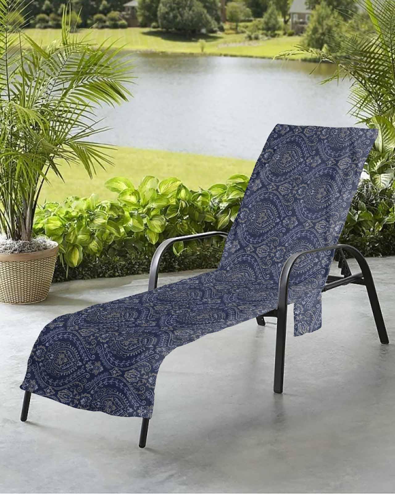 Beach Pool Patio Lounge Chaise Chair Cover Towel with Pockets,Navy Mandala Paisley Absorbent & Quick Dry Microfiber Towel Cover Bag Summer Travel Accessories Traditional Oriental Boho Tribal Floral