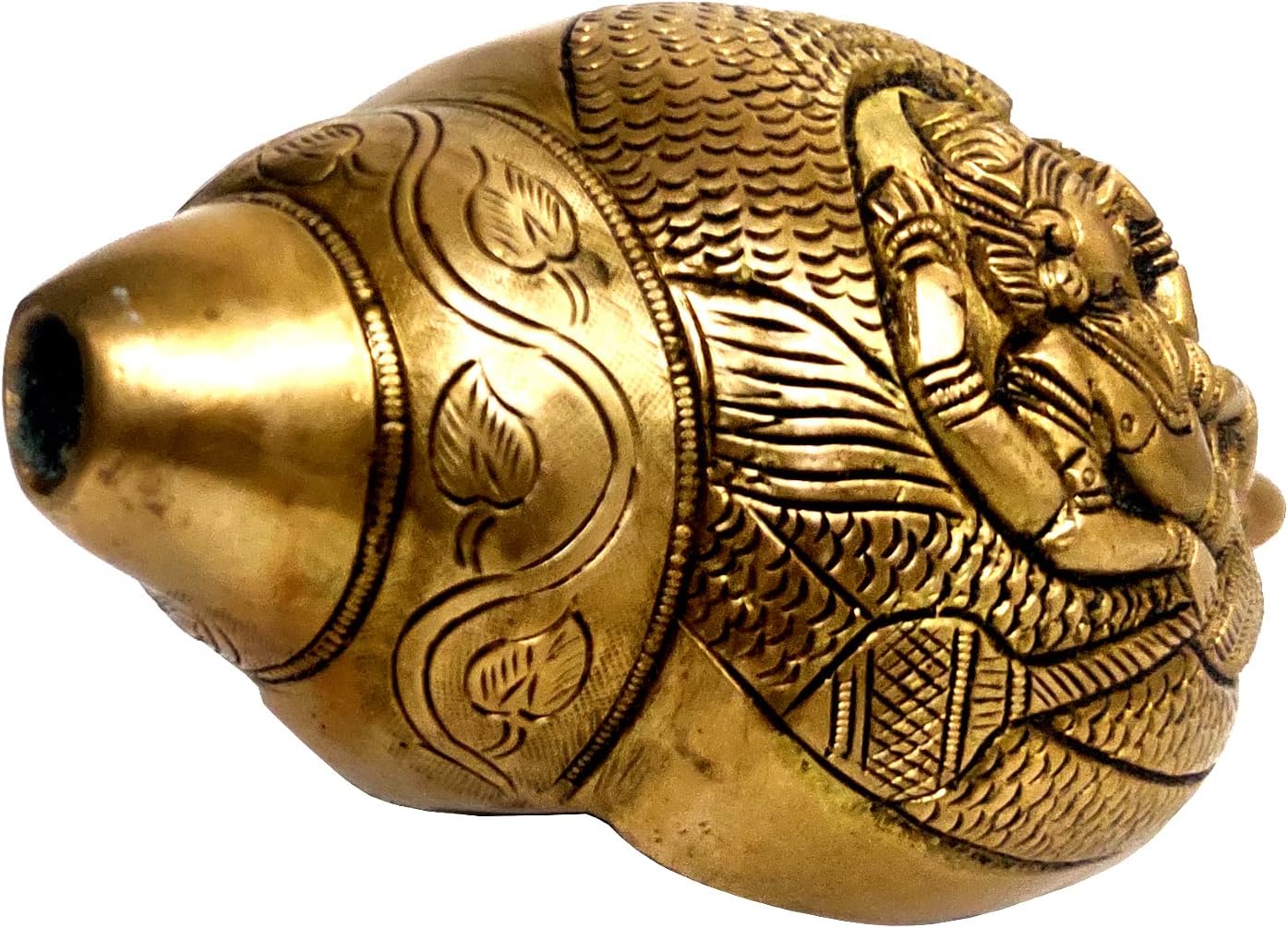 Purpledip Rare Collection Blowing Shankh Conch in Antique Finish Brass with Rich Sculpting of Hindu Religious Deities Vishnu-Lakshmi (10384)