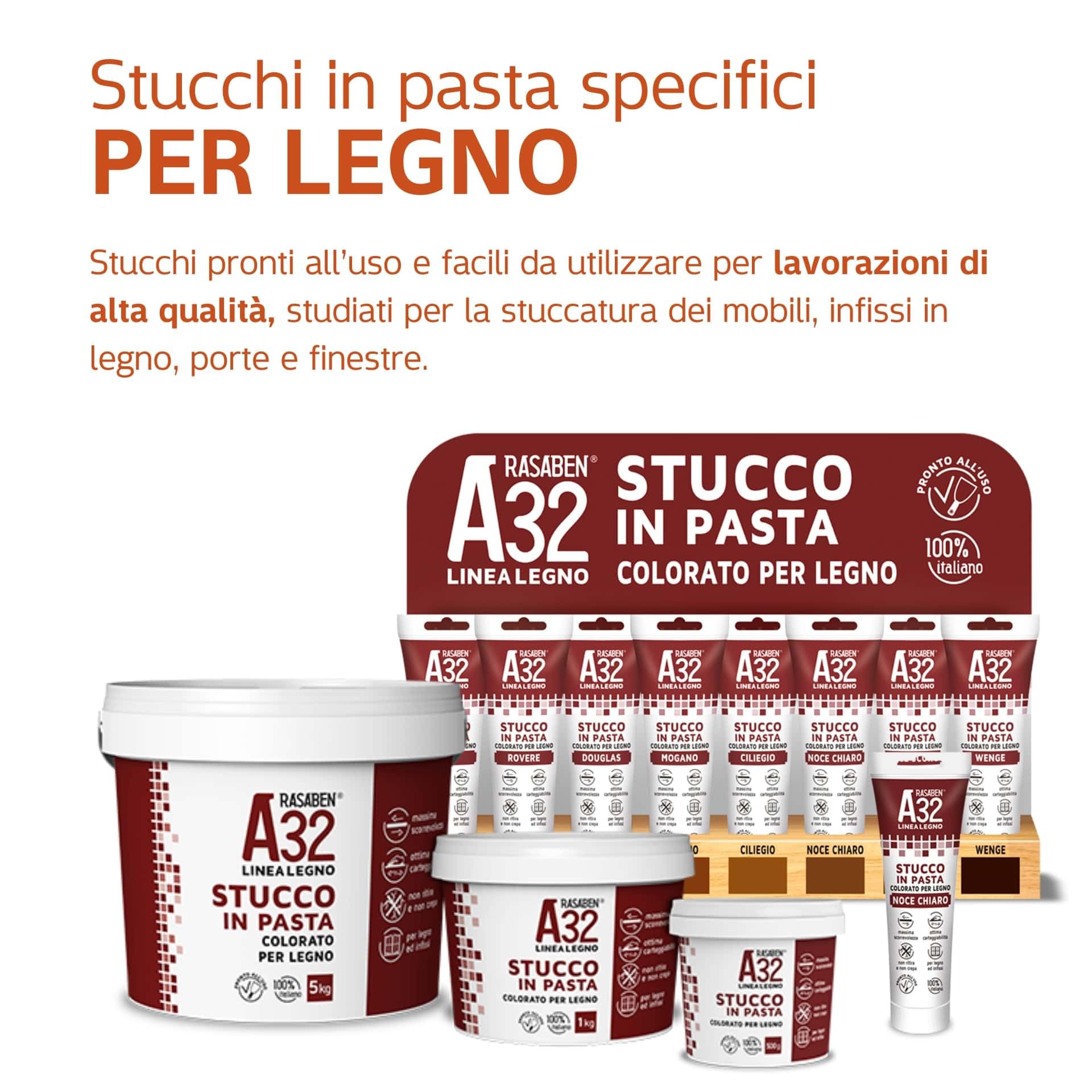 RASABEN - Stucco in Pasta A32 Color Douglas, Specifico per Legno, Pronto all'Uso, Ottima Carteggiabilità, Non Ritira o Crepa, per Mobili e Infissi, Uso Interno, Made in Italy, Barattolo da 0,5kg