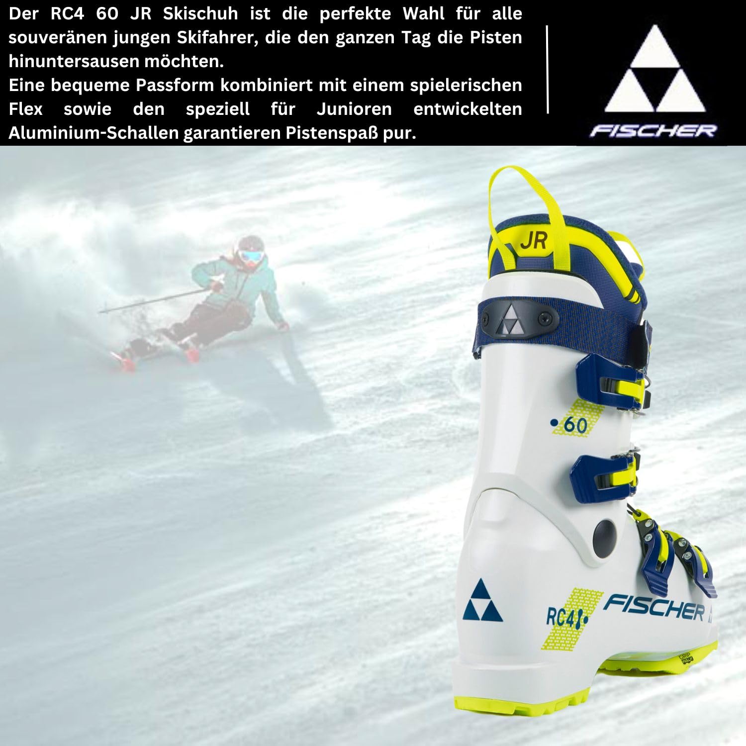 VDP Skischuhe Skistiefel für Kinder/Jugendliche - Fischer RC4 60 JR Junior - Kinder/Jugendliche Alpin Skischuhe - Flex 60 - für sportliche Youngsters - Ski Stiefel Jugend Ski Boots - GripWalk