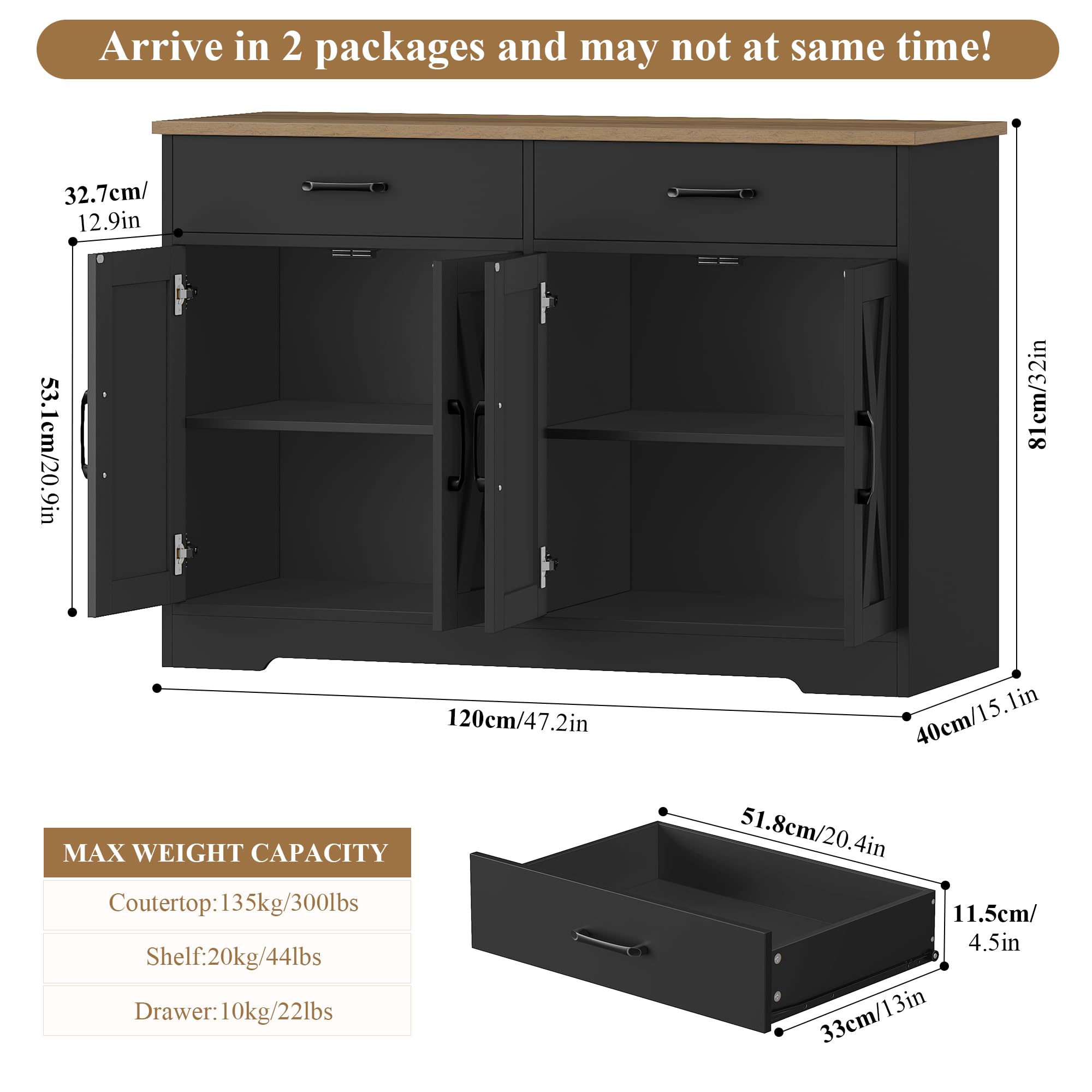 HOCSOK Sideboard, 120cm Breit Küchenschrank mit Arbeitsplatten, Küchenbuffet Aufbewahrungsschrank mit 2 Schubladen und 4 Türen Wohnzimmer, Küche, Flur, Schwarz & Braun