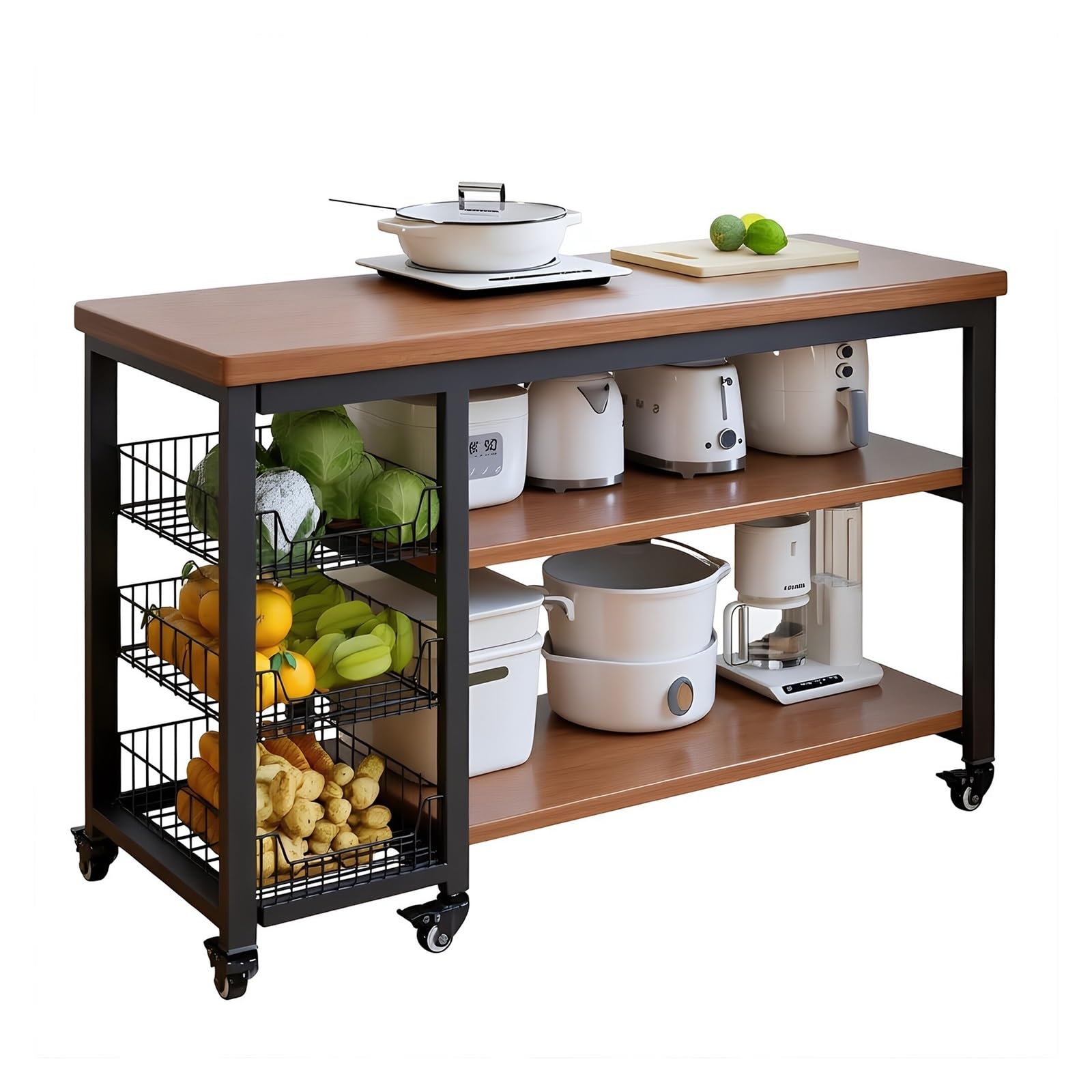 Carrello da cucina Carrello da cucina con rotelle for isola con cestelli in filo metallico Carrello portaoggetti con struttura in metallo e piano in legno(S)