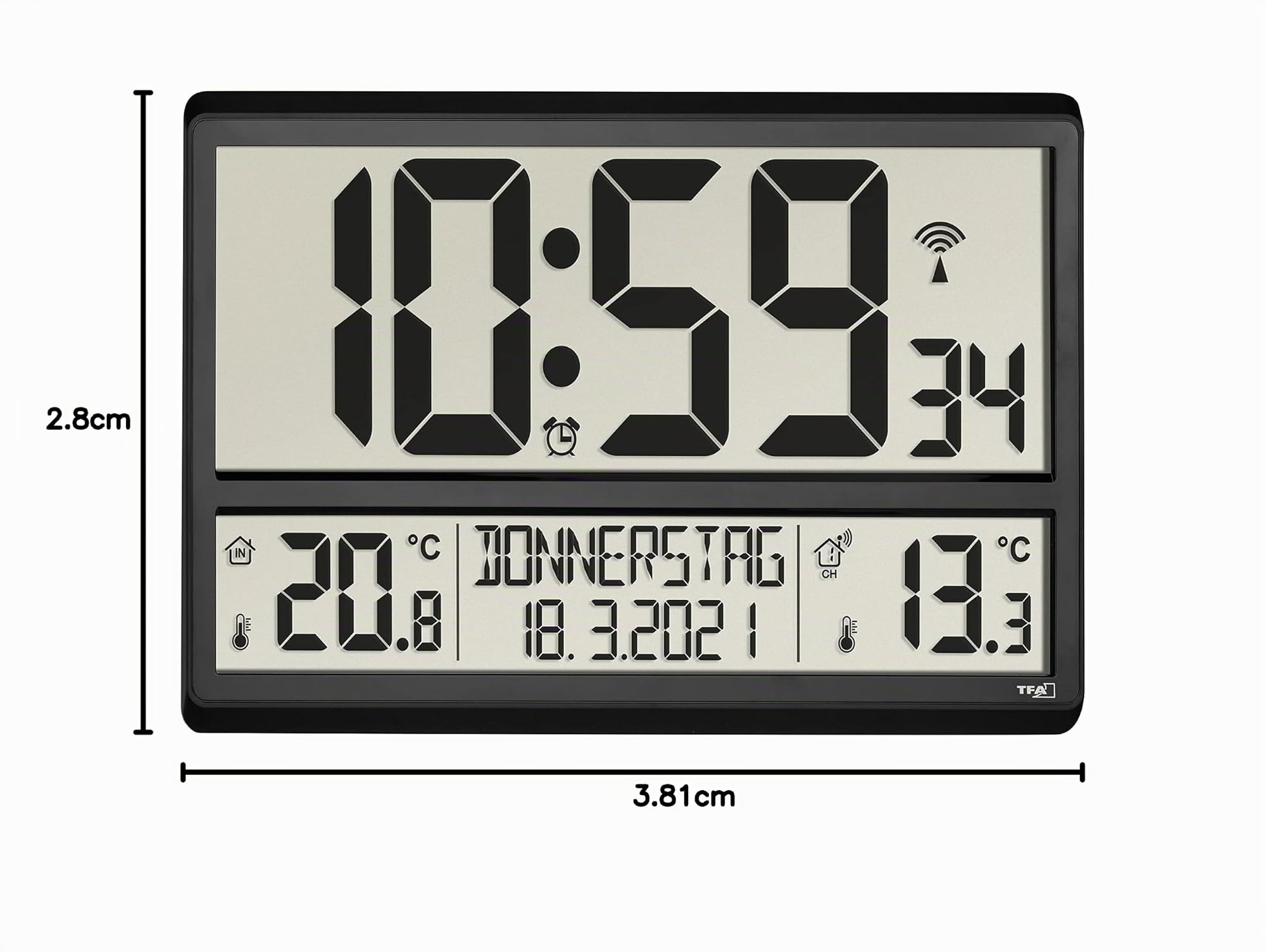TFA Dostmann 60.4521.01 - Reloj de Pared Digital XL con Temperatura Exterior, Temperatura Interior, día de la Semana (8 Idiomas), Radio, Fecha, Color Negro (360 x 235 x 28 mm (84)
