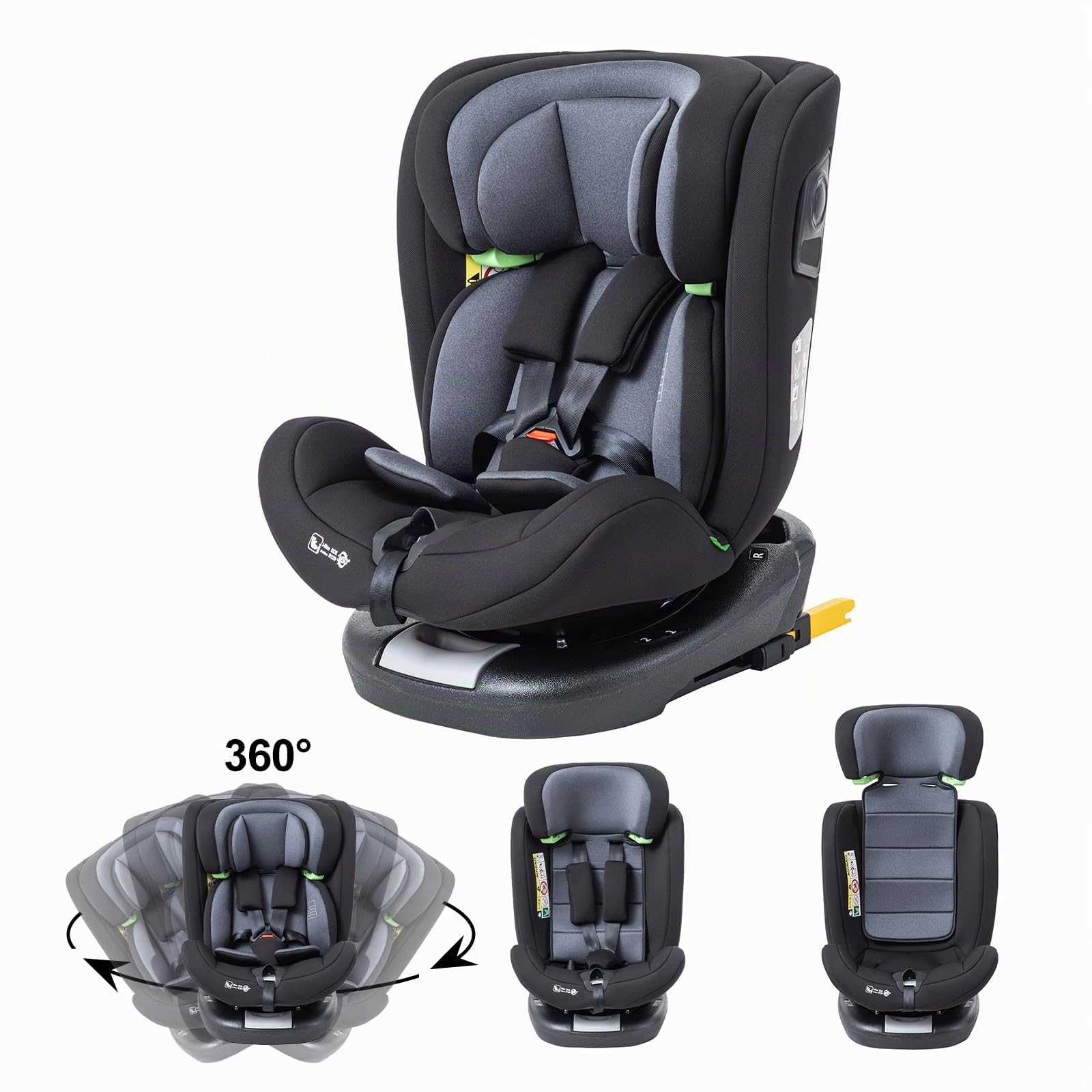 Siège Auto Enfant i-Size Pivotant 360° avec ISOFIX et Top Tether, Testé ADAC, pour Nourrisson et Enfant de 0 à 12 Ans (40-150 cm), Housse Lavable, Groupe 0/1/2/3, Gris