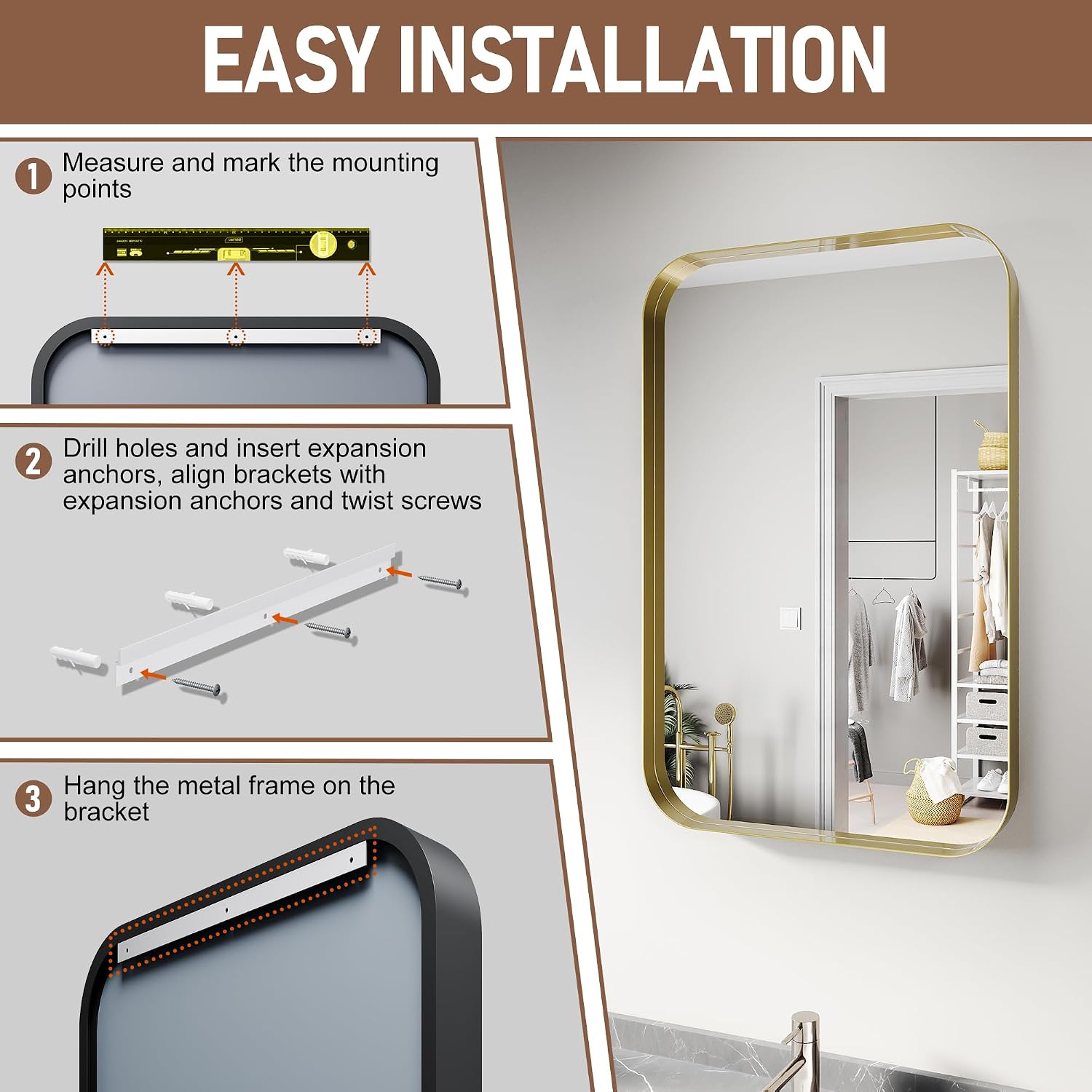 24 x 36 Inch Gold Aluminum Alloy Framed Bathroom Mirror, Tempered Glass, Rounded Rectangle Bathroom Mirror, Hangs Vertical & Horizontal