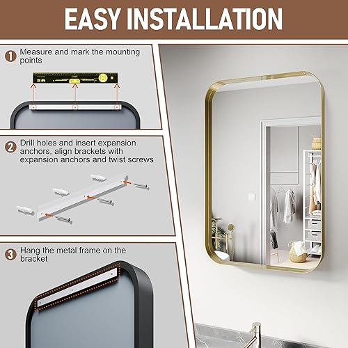 Miniatura 14 de Espejo de baño con marco de aleación de aluminio negro de 24 x 36 pulgadas, vidrio templado, espejo de baño rectangular redondeado, se cuelga