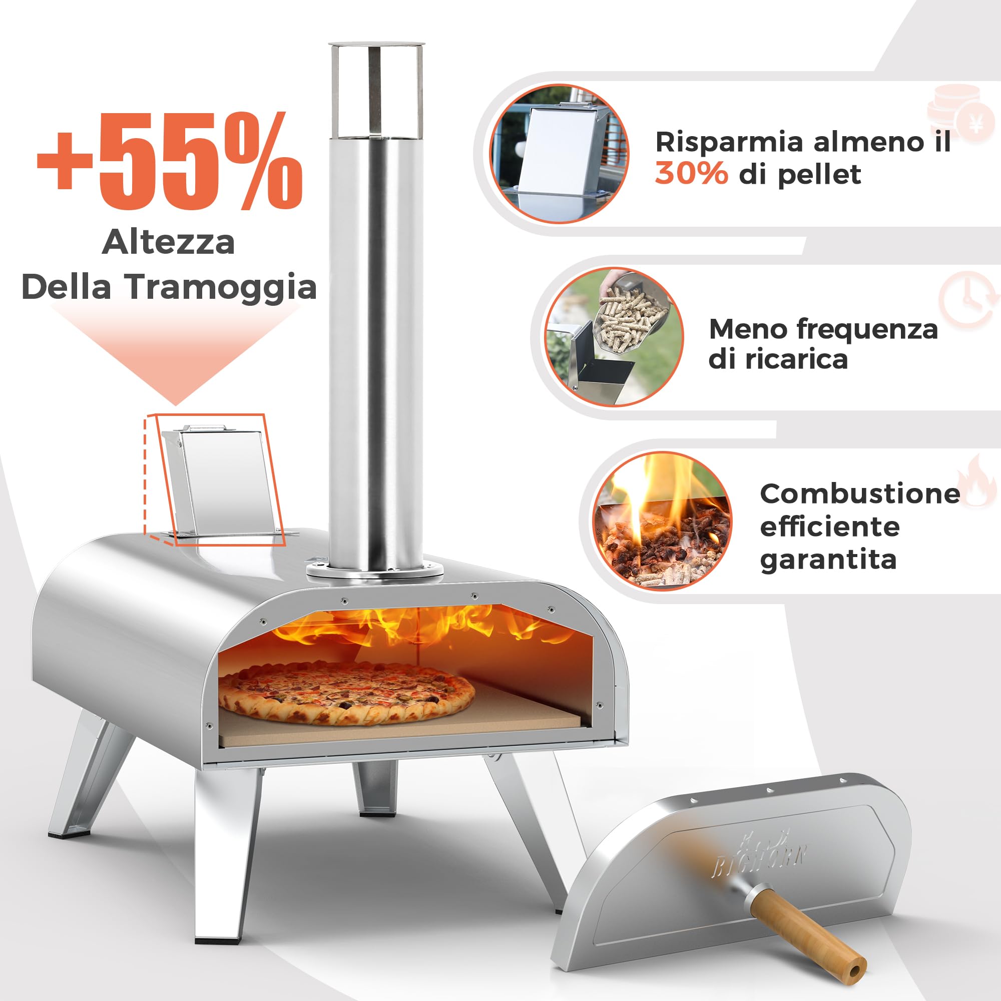 BIG HORN OUTDOORS Forno a Pellet per Pizza 12 Pollici, Portatile con Pietra Refrattaria, Acciaio Inox