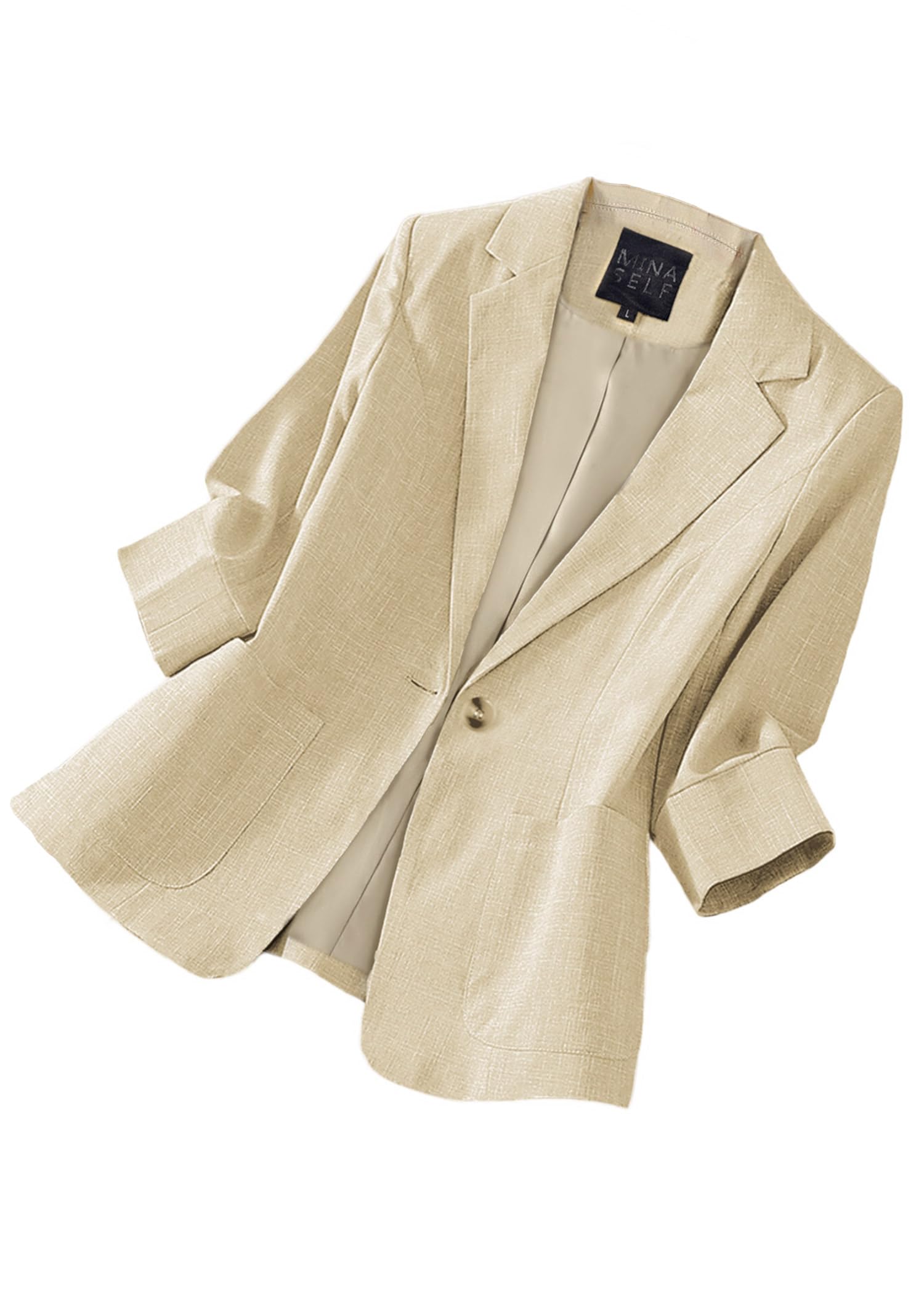 Mina Self Womens 3 4 Sleeve Linen Blazer 2025 Summer Lightweight Fully-Lined Lapel Button Casual Work Jacket Pockets