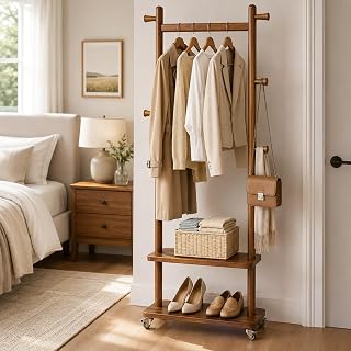Taitiy Solid Wood Coat Rack Freestanding with Wheels 5 Hooks 2 Shelves