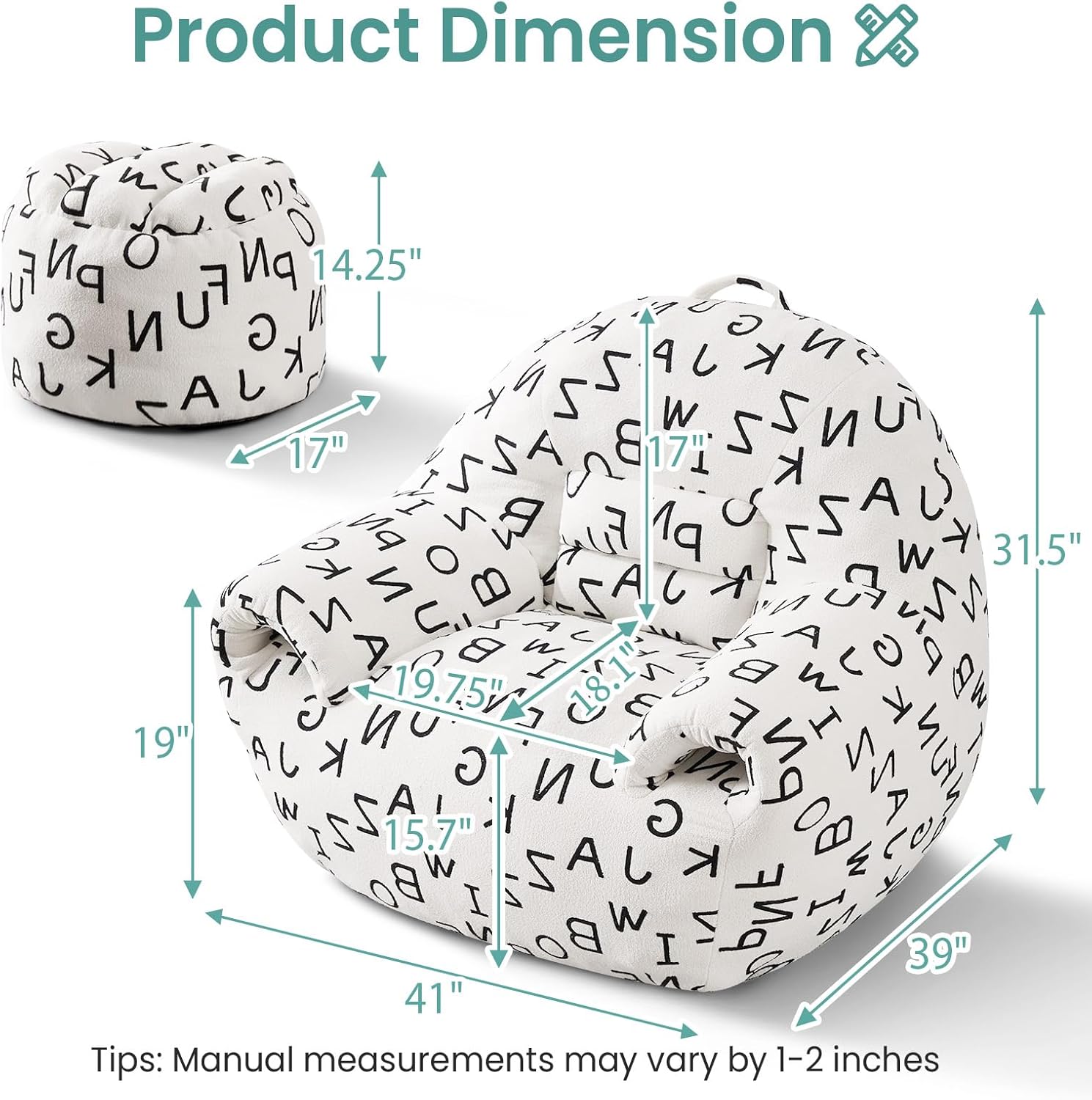 DAICO Bean Bag Chairs for Adults Comfy Bean Bag Chair with Ottoman Plush BeanBag Sofa with Armrests Accent Chair Lazy Single Sofas with Foam for Bedroom Living Room Reading Gaming- Letter Pattern B - Letter - O