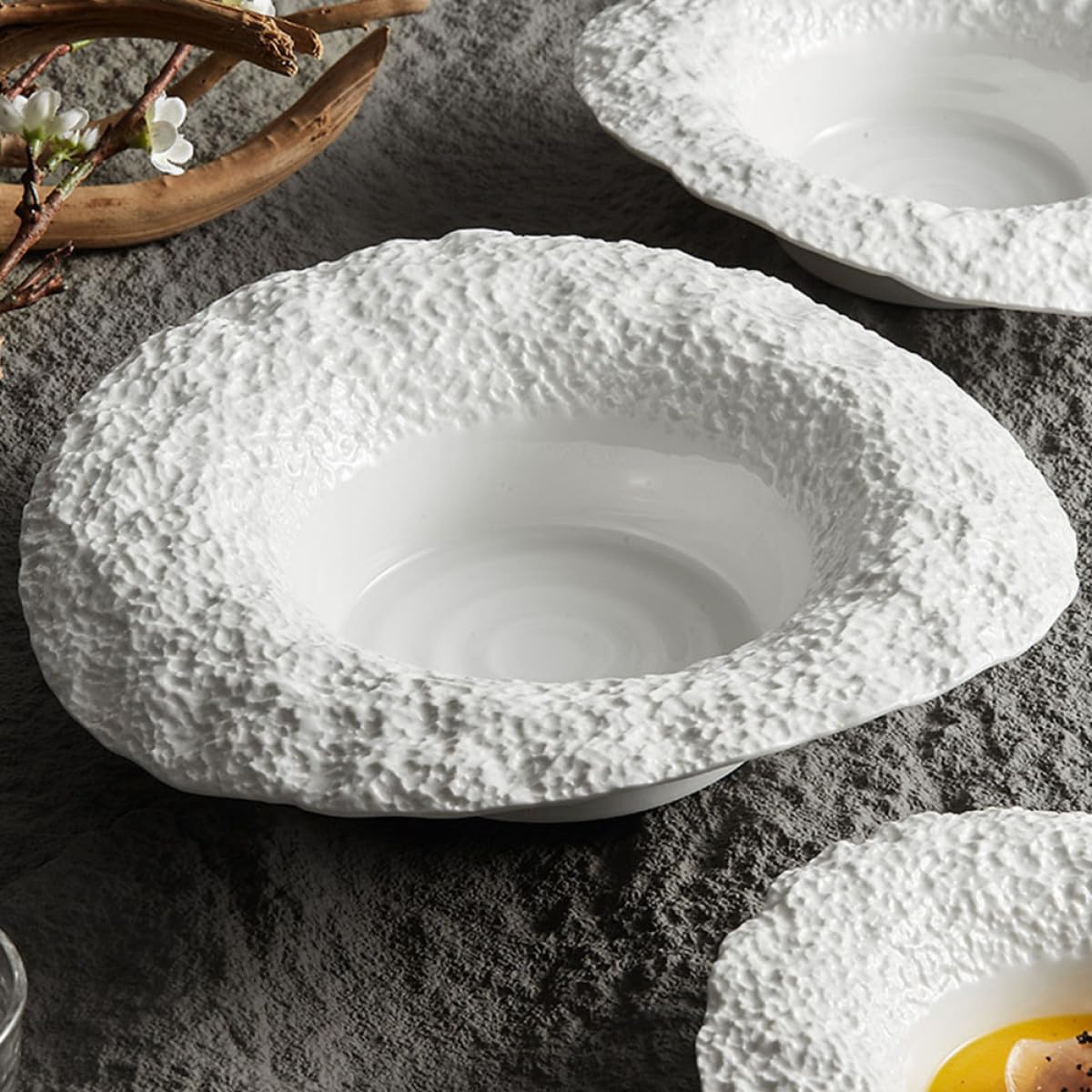 Abaodam Assiette Creuse en Céramique 25 CM Décor Roche pour Salade et Plats Maison Bol Profond Repas Quotidien