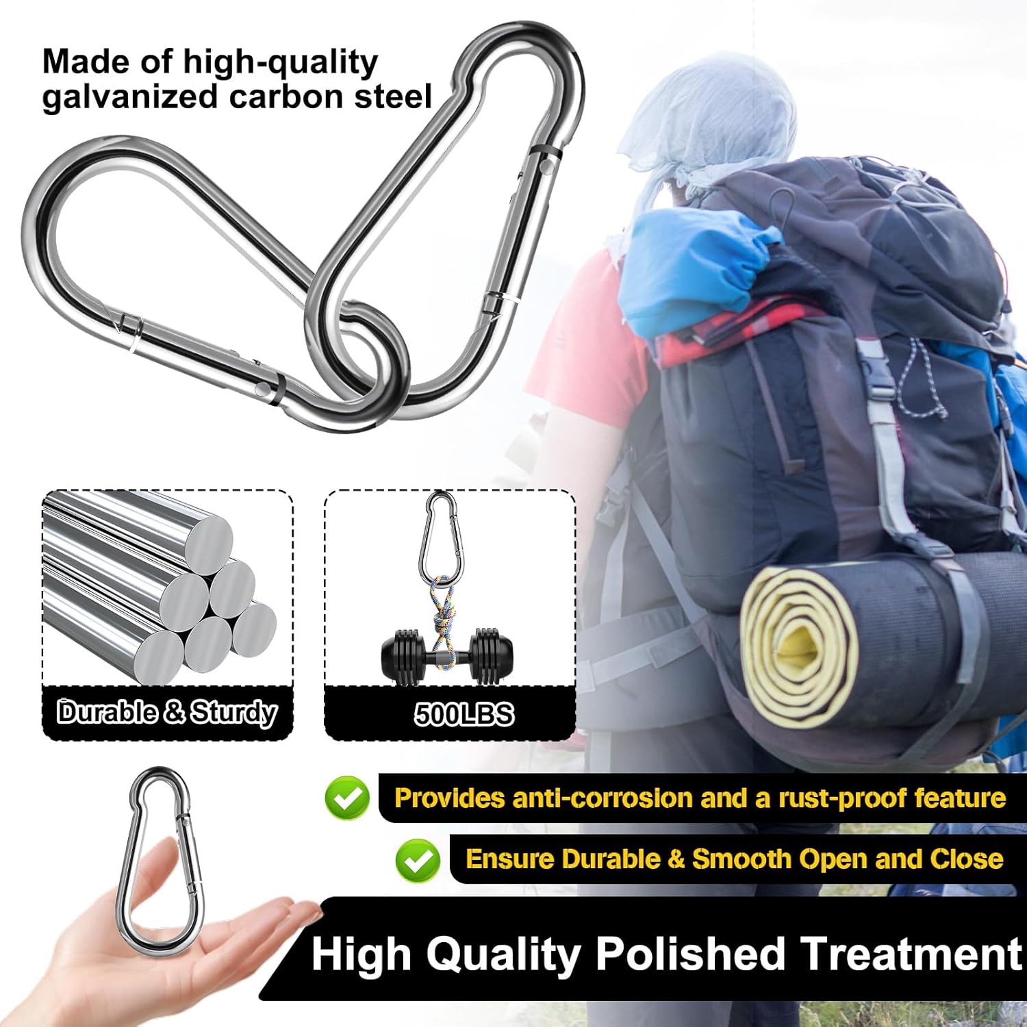 30 Pcs 3" Spring Snap Hook, M8 5/16" Heavy Duty Carabiner Clips Galvanized Steel Quick Link Carabiner Clip 500LBS Holding Capacity Spring Clips for Hammock Swing Gym Outdoor Travel - Image 4