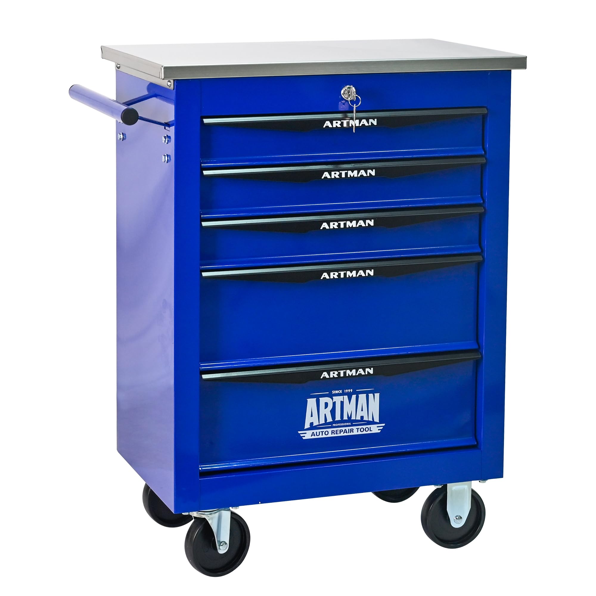 Rolling Tool Chest Cart with 5 Drawers,Storage Tool Cabinet on 4 Wheels. Lockable Tool Cart with Stainless Steel Top.Steel Tool Box Organizer for Garage,Warehouse,Repair Workshop-Blue