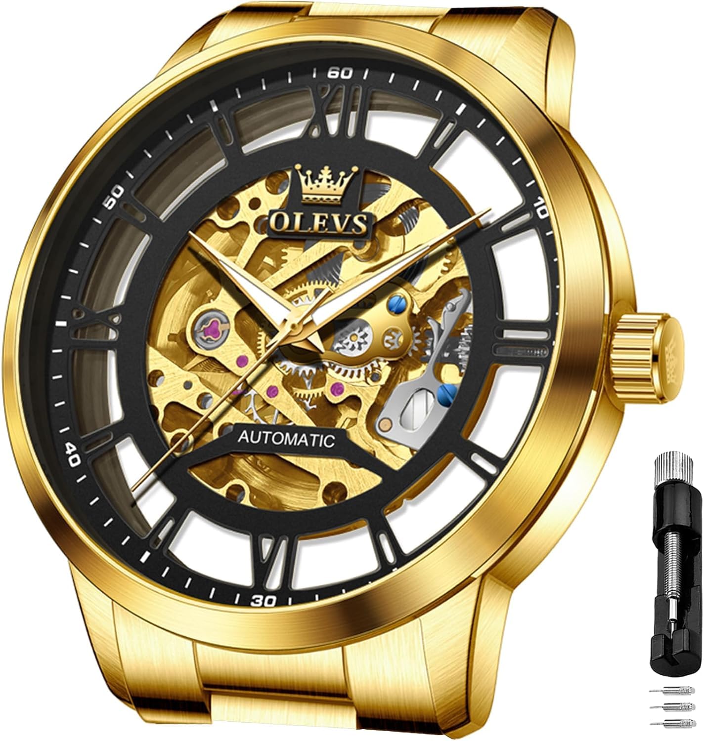 OLEVS Herrenuhr Automatik Skelettierte Luxus Diamanten Mechanische Uhr Wasserdicht Leuchtende Armbanduhr