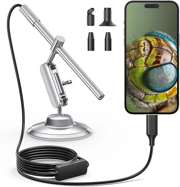 Teslong USB-C Digital Microscope, 10X to 200X Magnification Portable Camera with 8 LED Lights, Handheld Rotating Metal Stand for Coin, Electronic, Compatible with iPhone 15+ and Android Devices