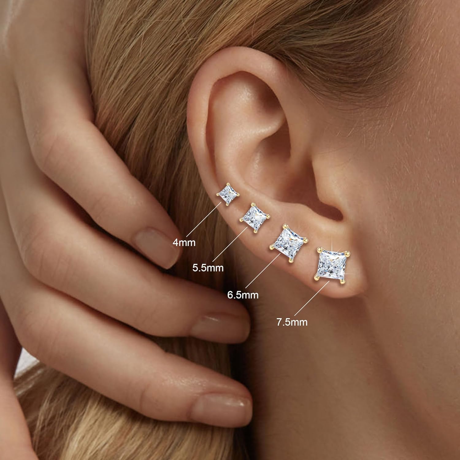 Moissanite Earrings - 0.8-5CT Square Cut Flat Back Studs Hypoallergenic 925 Sterling Silver Earrings 18k White Gold Plated Gift for Women Men - Image 5