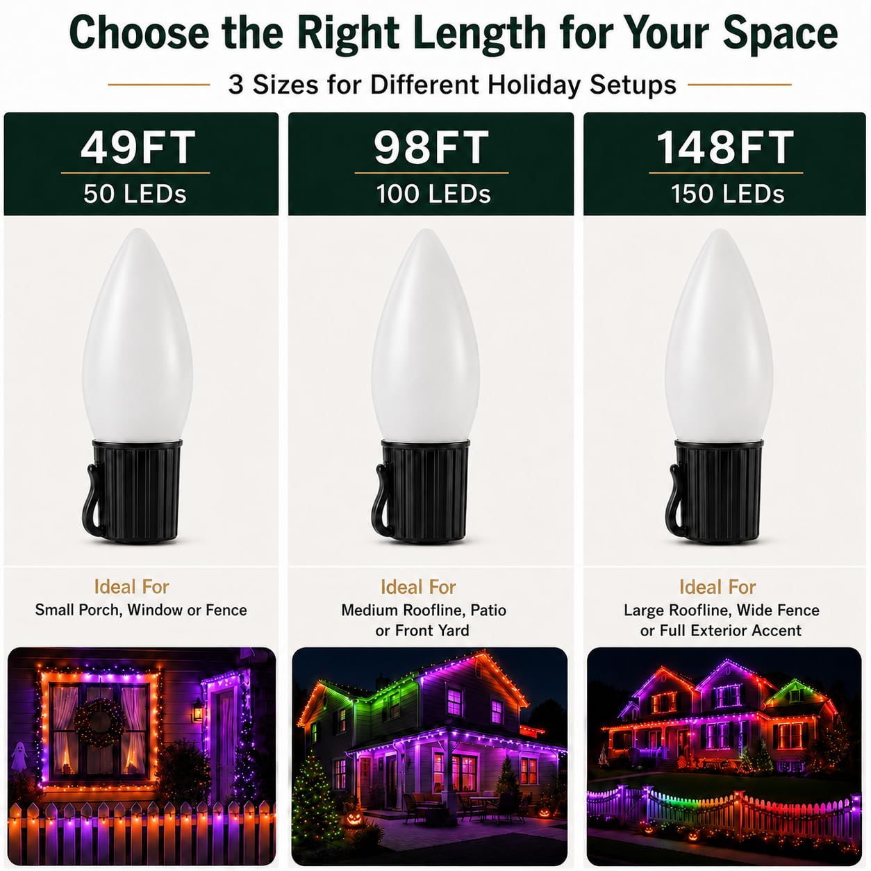 Probro Smart C9 - Luci natalizie a LED per esterni, 25 m, 150 LED, stile vintage, con telecomando, 105+ modalità, impermeabilità IP65, collegabili, sincronizzazione musicale per albero di Natale