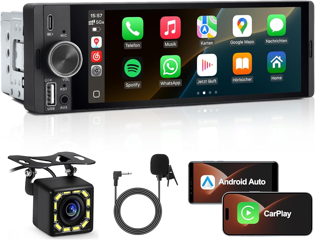 1 DIN Autoradio mit Wireless CarPlay & Android Auto, 6,36 Zoll Auto Radio mit Bildschirm, Rückfahrkamera, FM, Bluetooth, Freisprecheinrichtung, Aux-Eingang, Lenkradsteuerung, Equalizer, Mirror Link
