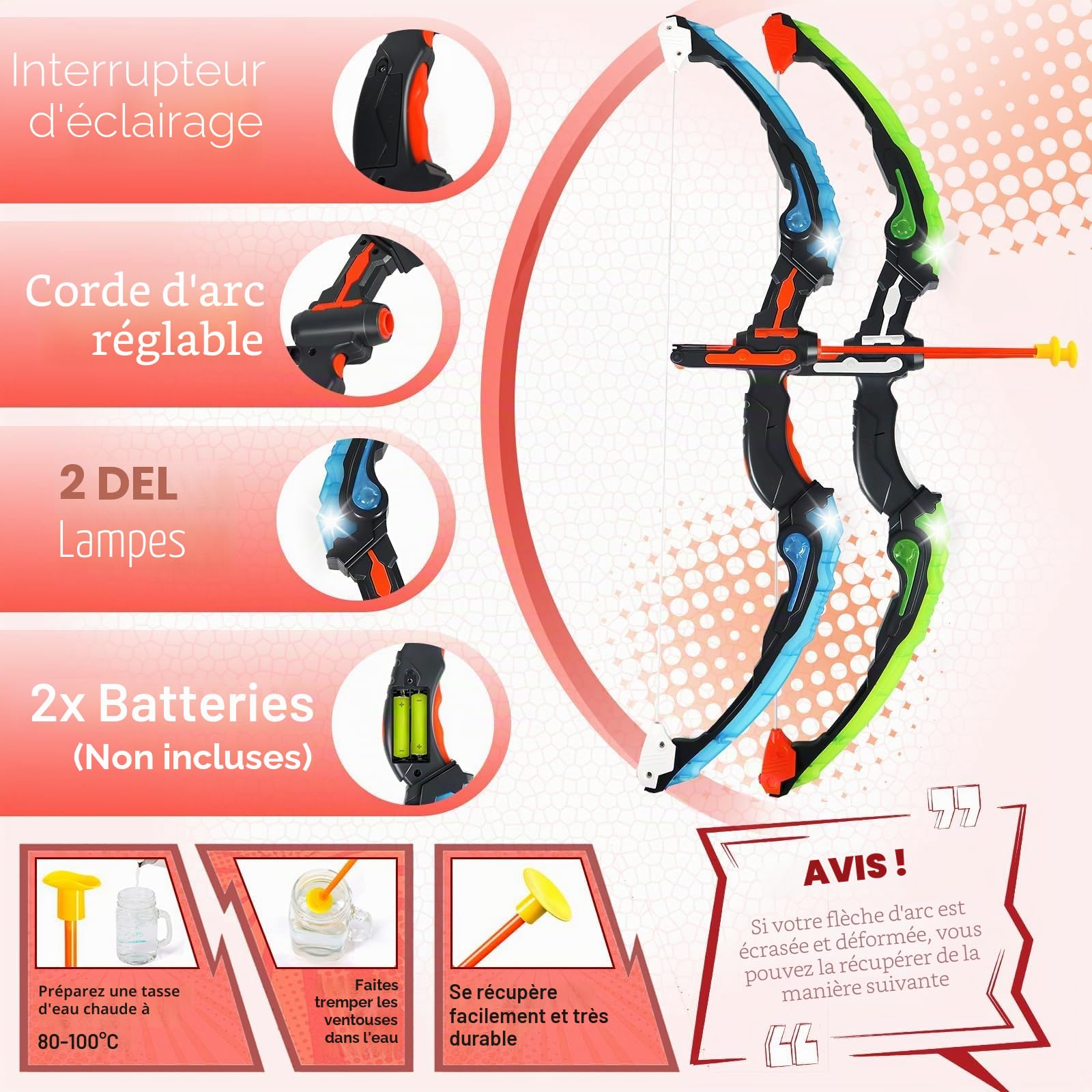 Arc et flèche pour Enfants avec Lumières LED, Ensemble de tir à l'arc Comprenant avec 2 Arcs, 1 Cible Debout, 20 Flèches, 2 Pistolets à Flèches en Mousse et 2 Carquois, Jouets pour 4-12 Garçon Fille