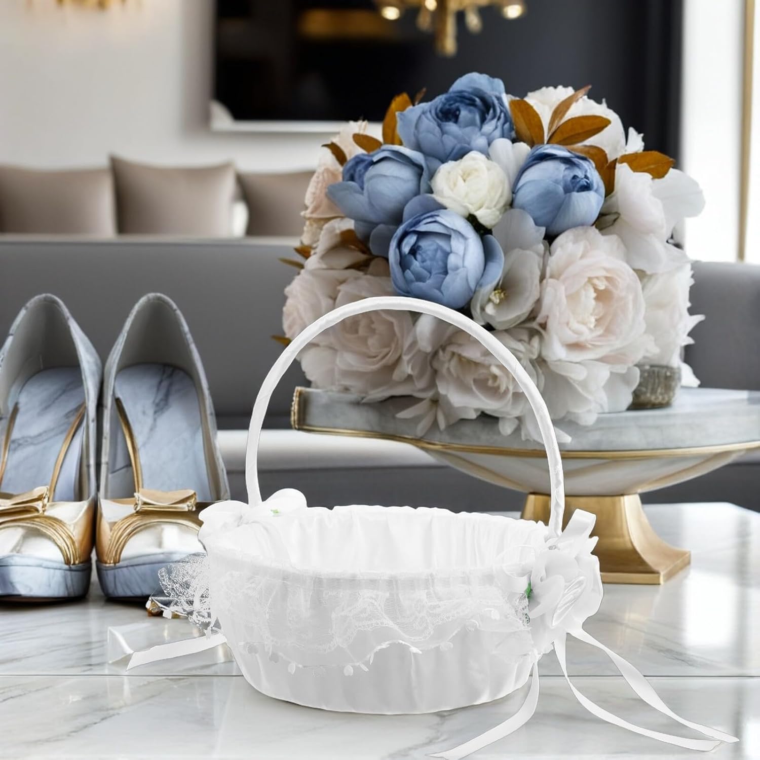 VILLCASE Wedding Lace Flower Girl Basket with Bow Handle, White Decorative Storage Basket for Wedding Ceremony, Anniversary, and Holiday Party Decorations