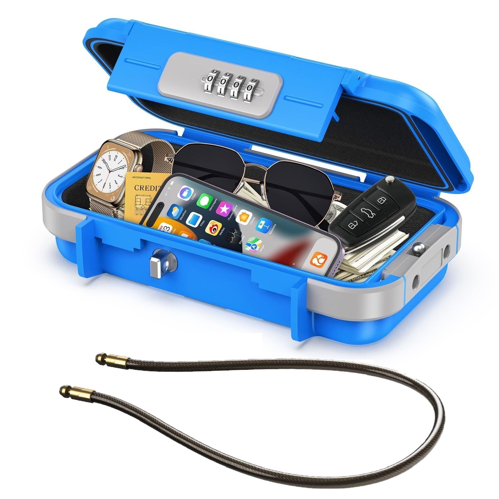 Photo 1 of LOFICOPER Portable Safe Box, Portable Security Case, Waterproof Combination Lock Box for Travel, Small Beach Safe Personal Safe with Removable Chain, for Travel, Hotel, Riding, Blue
