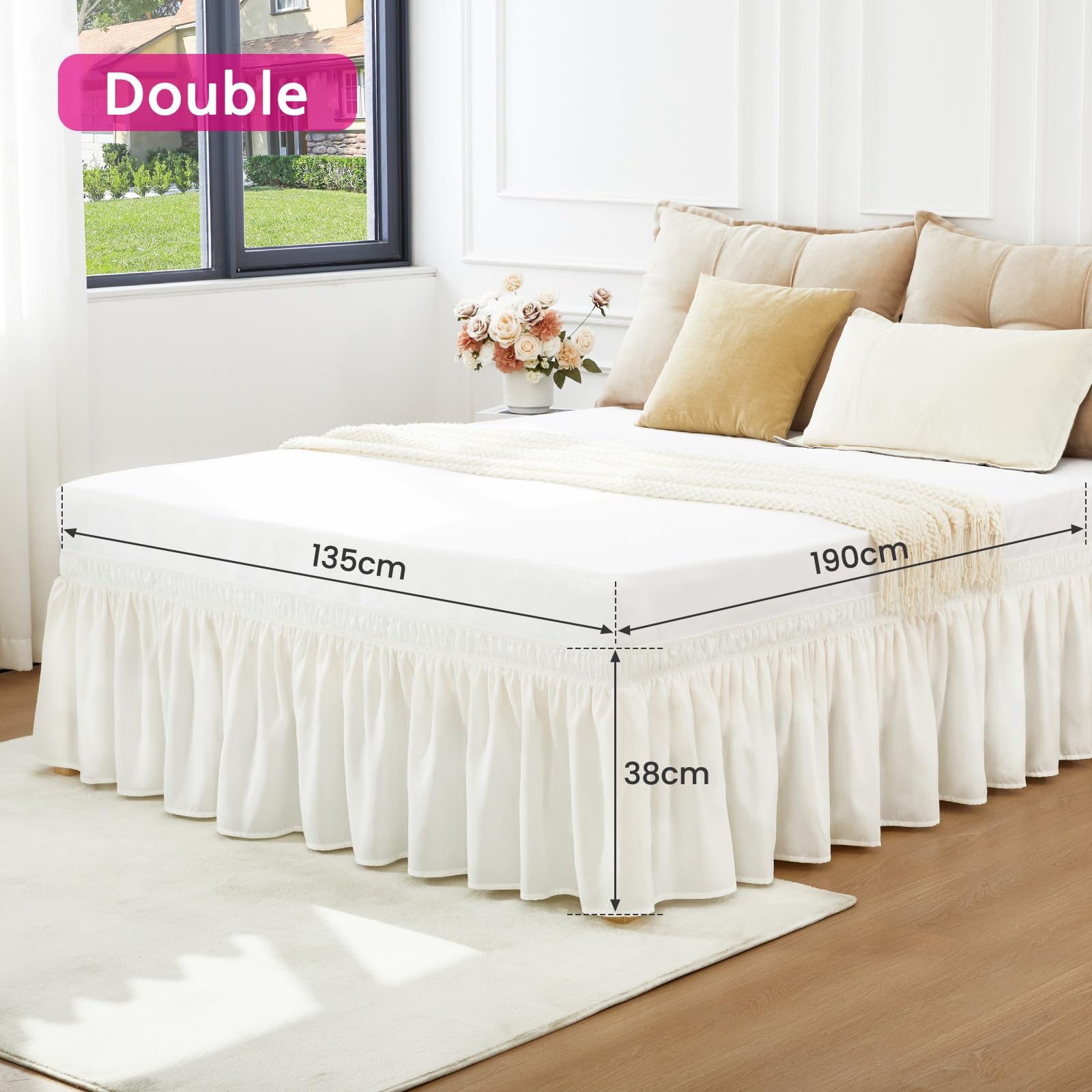 RIMELA Mantovana giroletto per letto matrimoniale, elasticizzata, facile da installare, in morbido poliestere spazzolato, altezza 38 cm, 135 x 190 cm, colore: panna