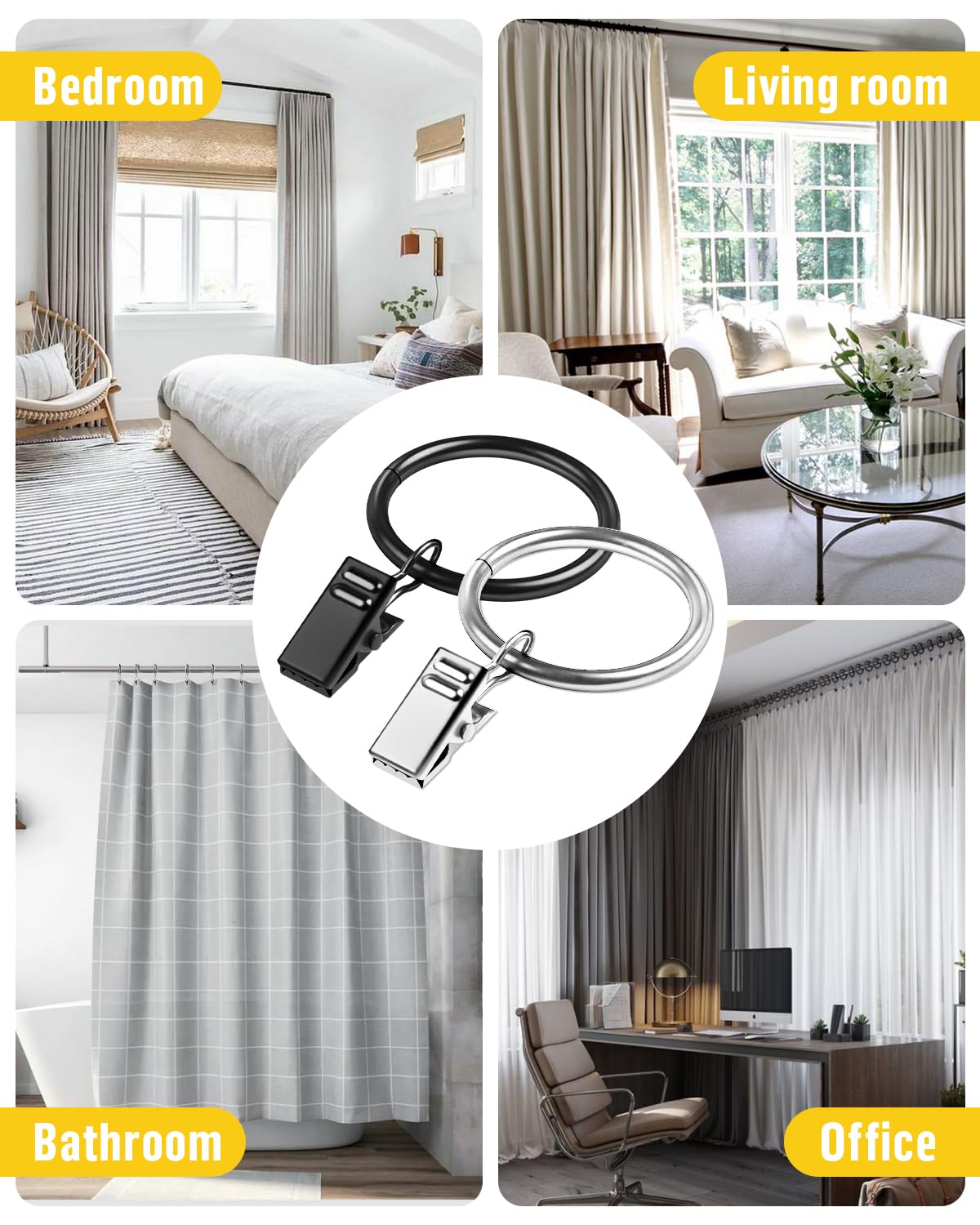 Caianwin 25 stuks gordijnringen, metalen gordijnringen met clips, 32 mm binnendiameter gordijnringen voor stang, raam, deur, douchegordijn, waslijn (zilver