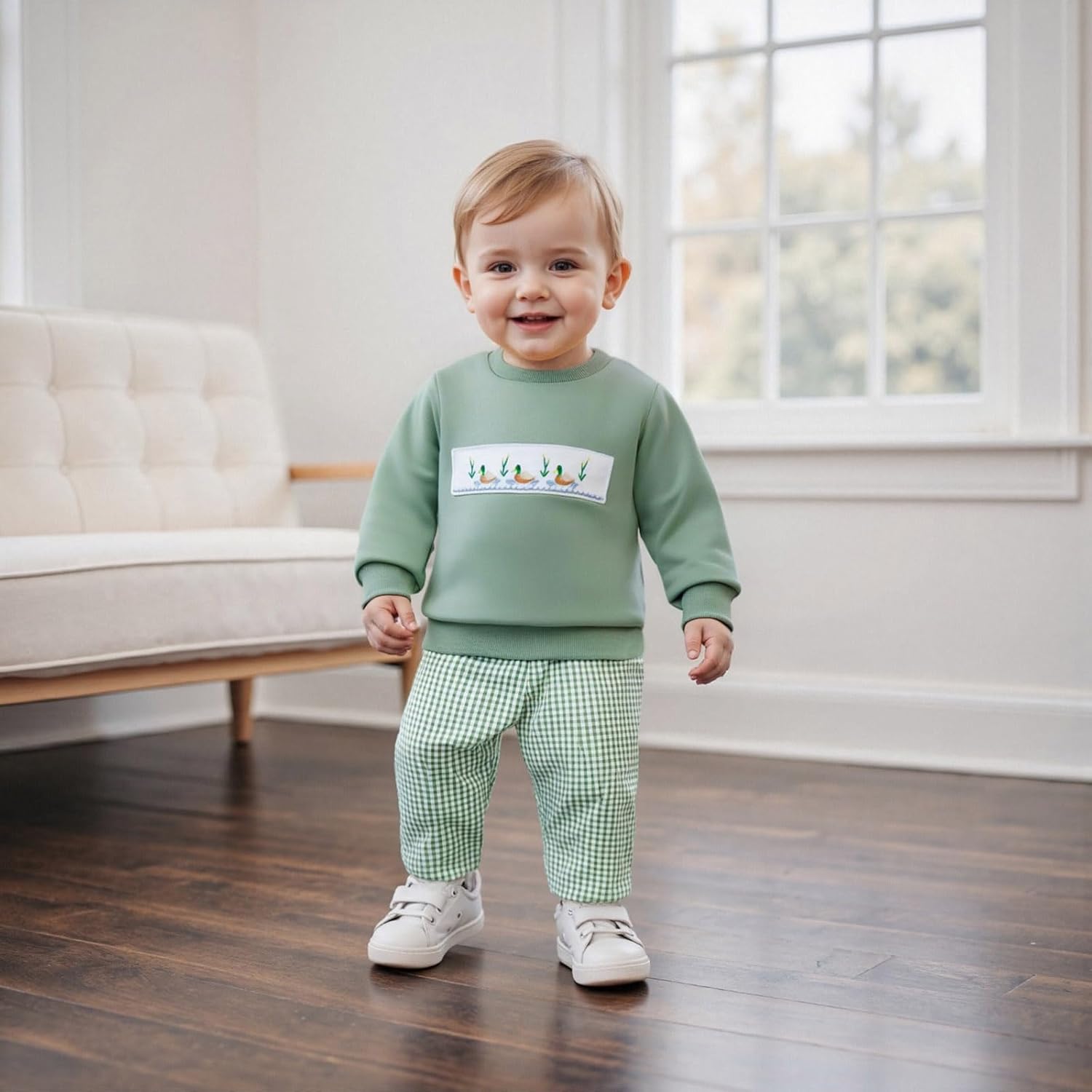 Baby Boy Fall Outfit Toddler Hunting Clothes Long Sleeve Duck Embroidery Crewneck Sweatshirt Pants Set
