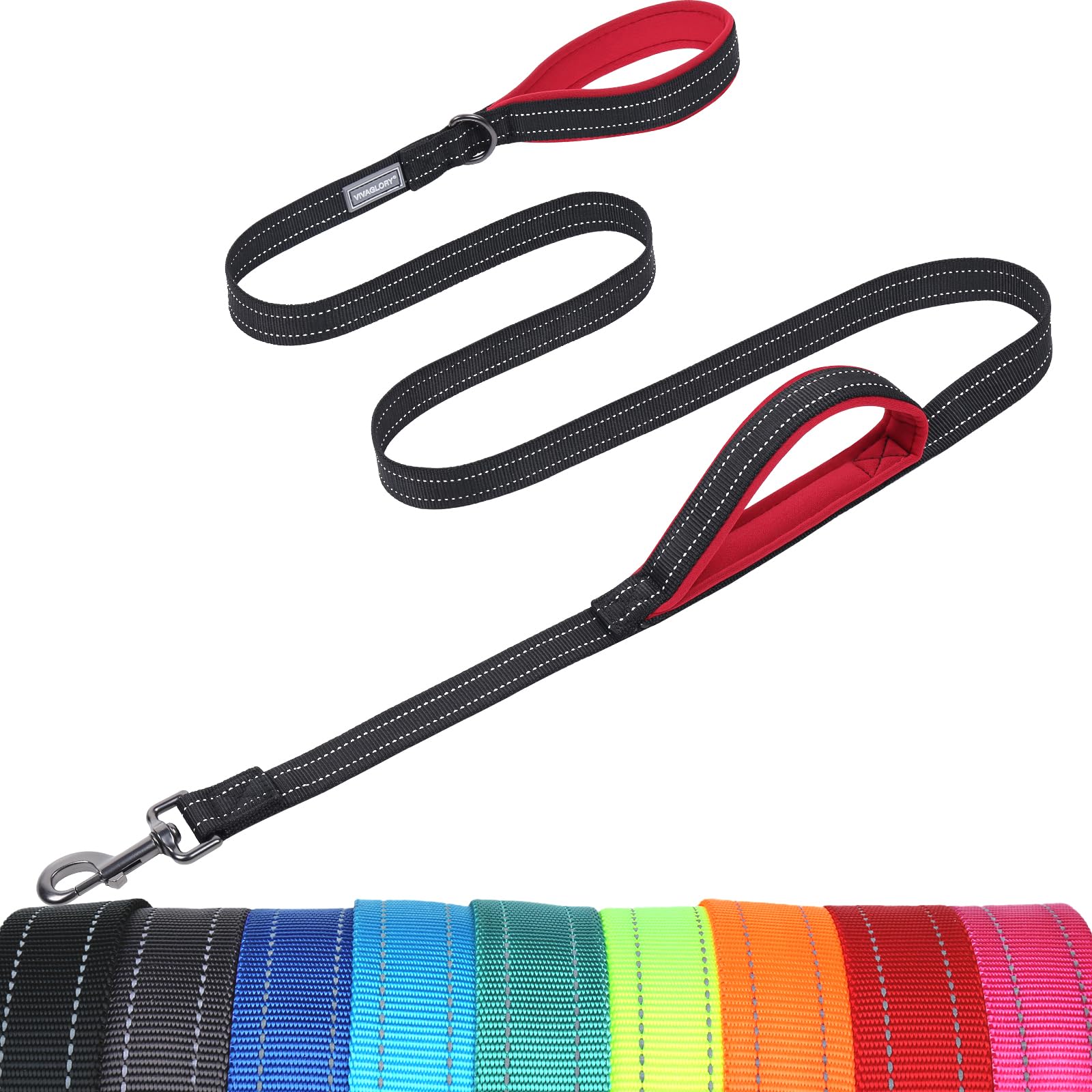 VIVAGLORY Dog Leash Twingrip Double Handle Dog Leash with Traffic Handle Control & 2 Loop for Walking & Training, Reflective Heavy Duty for Puppy Pet