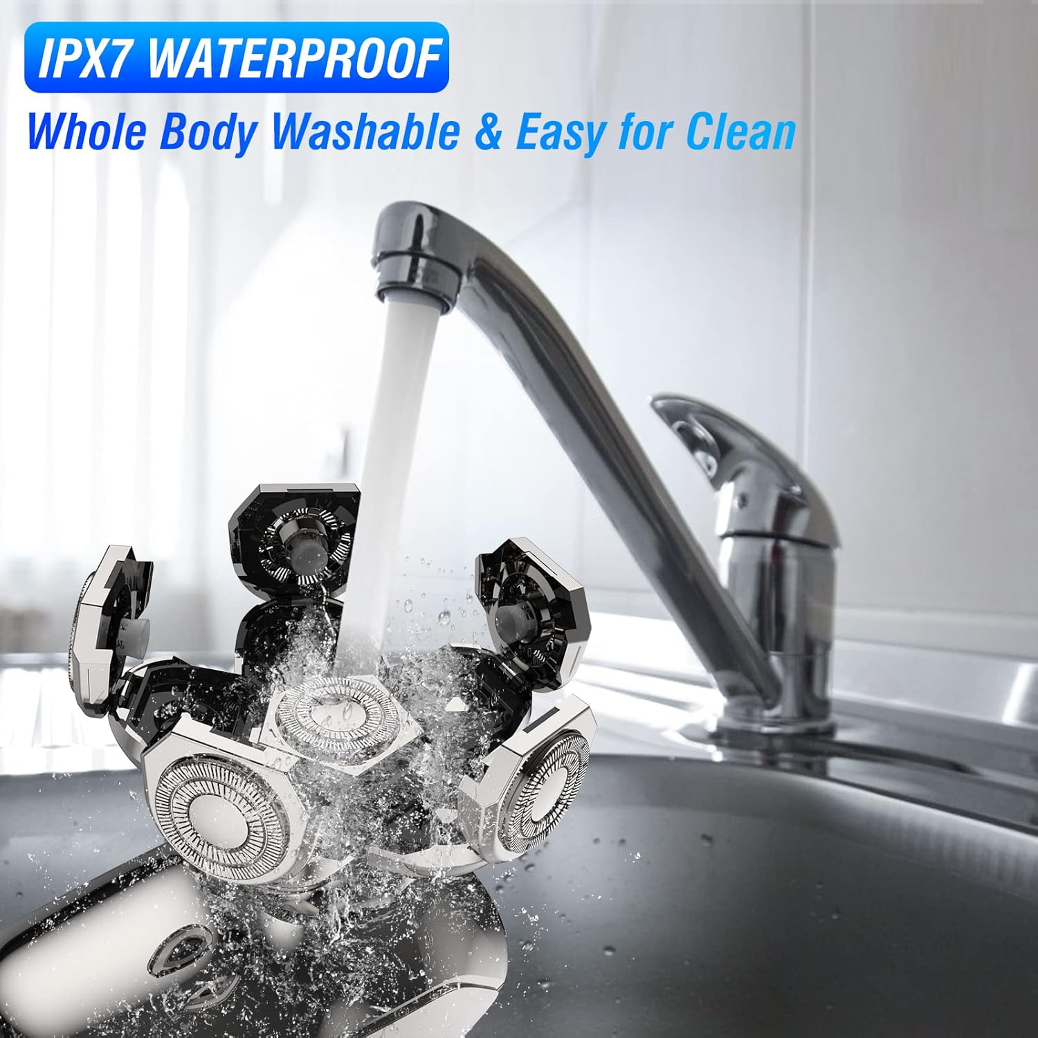 The Aesfee AF-8086 shaver being rinsed under a running tap, demonstrating its IPX7 waterproof capability for easy cleaning.