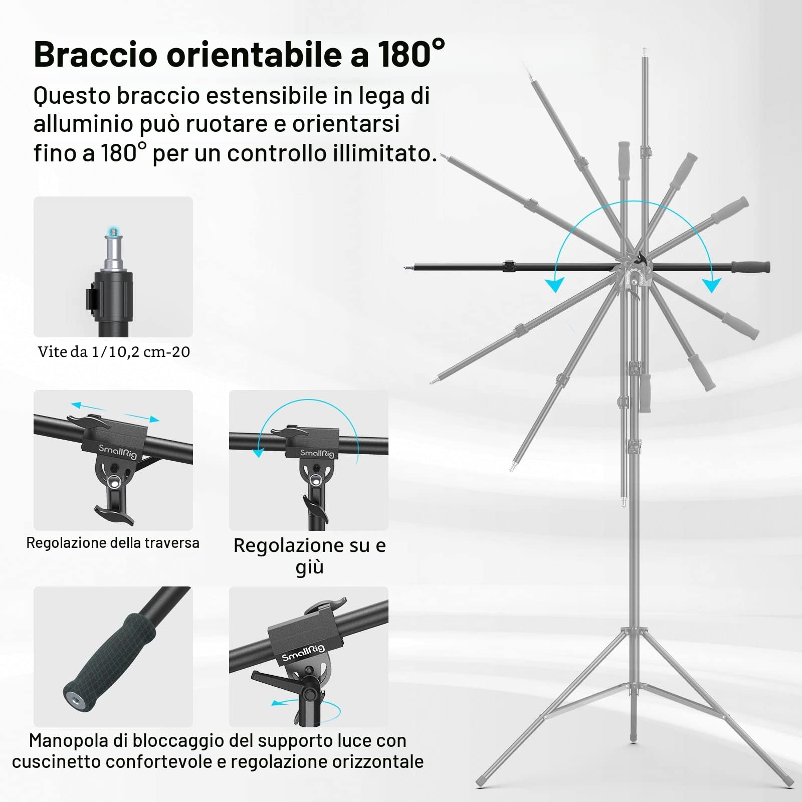 SMALLRIG Supporto per Luce in Alluminio 110"/280 cm, Supporto per Treppiede Regolabile ad Aria con Vite da 1/4" per Softbox, Luce da Studio e Riflettore, Carico Massimo 5kg, RA-S280A - 3737