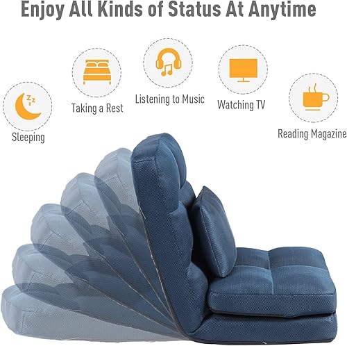 Miniatura 5 de Sofá chaise lounge para interiores, silla de piso con respaldo para adultos, silla reclinable de ajuste de 14 ángulos, tumbona plegable con almohada