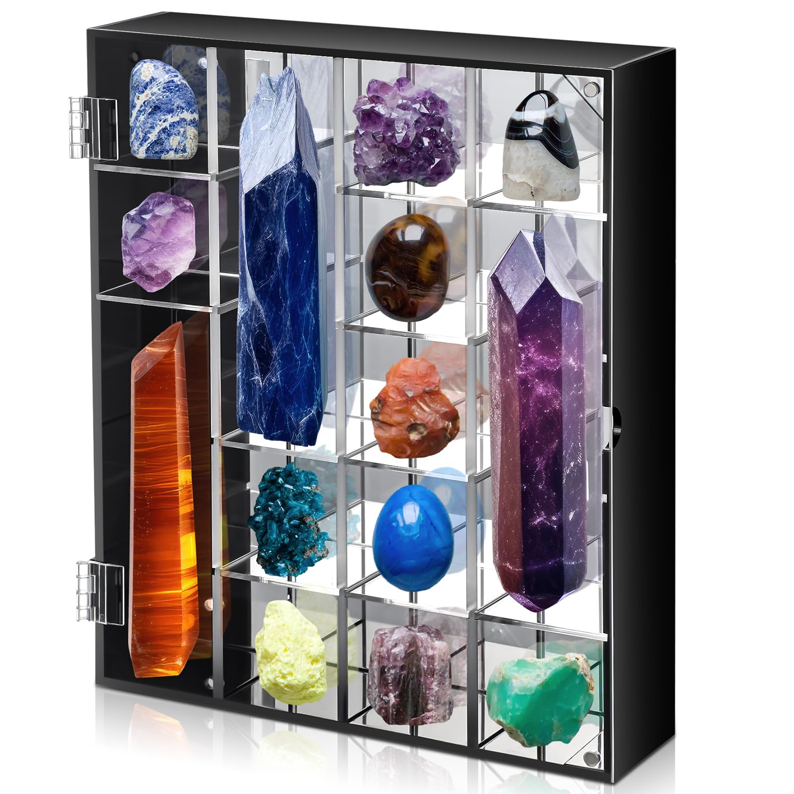 Rock Display Case Adjustable Acrylic Display Case with Mirrored Crystal Organizer for Collectible, Crystal, Stones, Wall Mountable, Magnetic Door(Black Border,20 Grids,Square)
