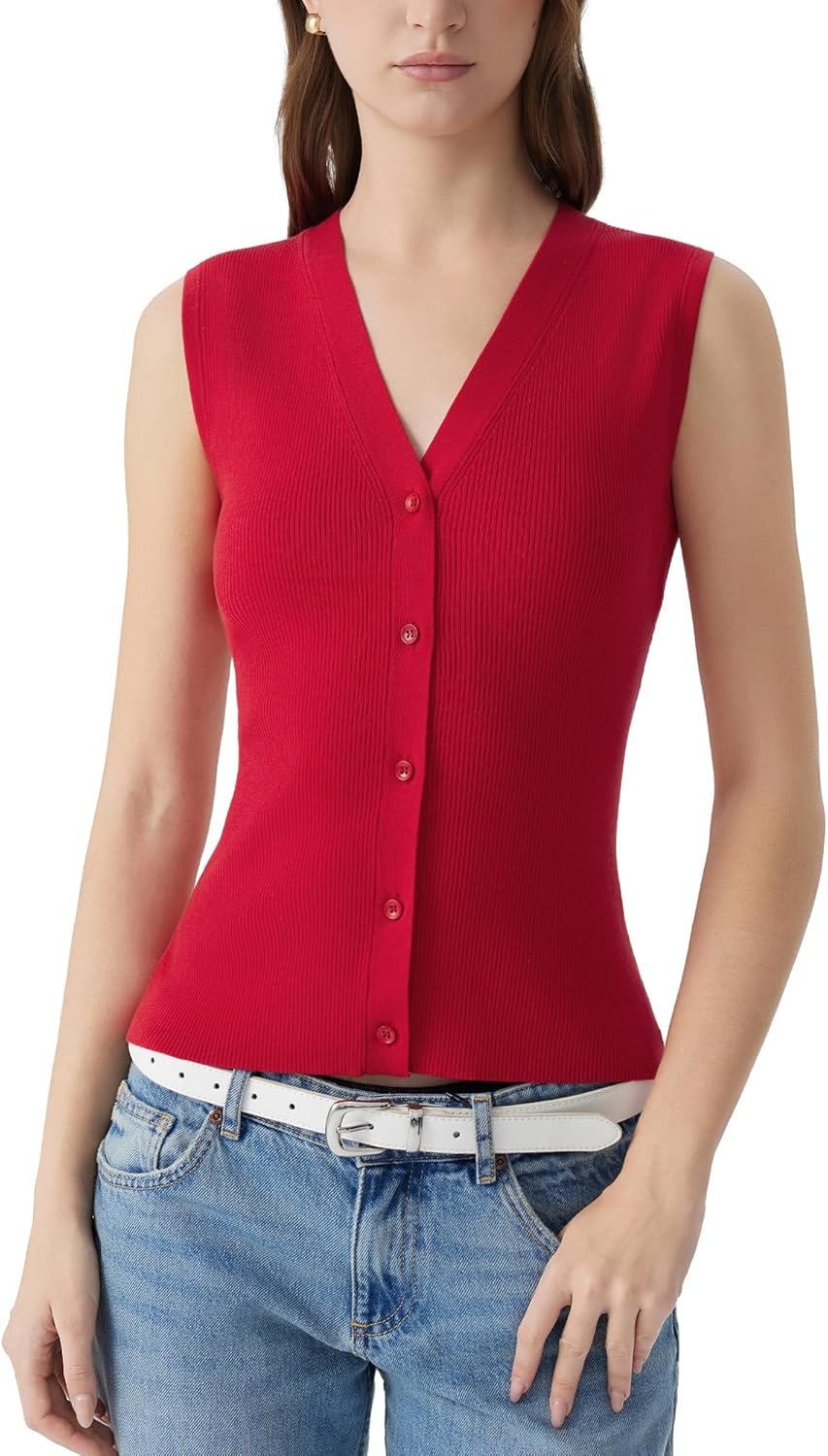 SUUKSESS Women Button Down Vest Tops Summer V Neck Sleeveless Tank Tops Business Casual Sweater Vest