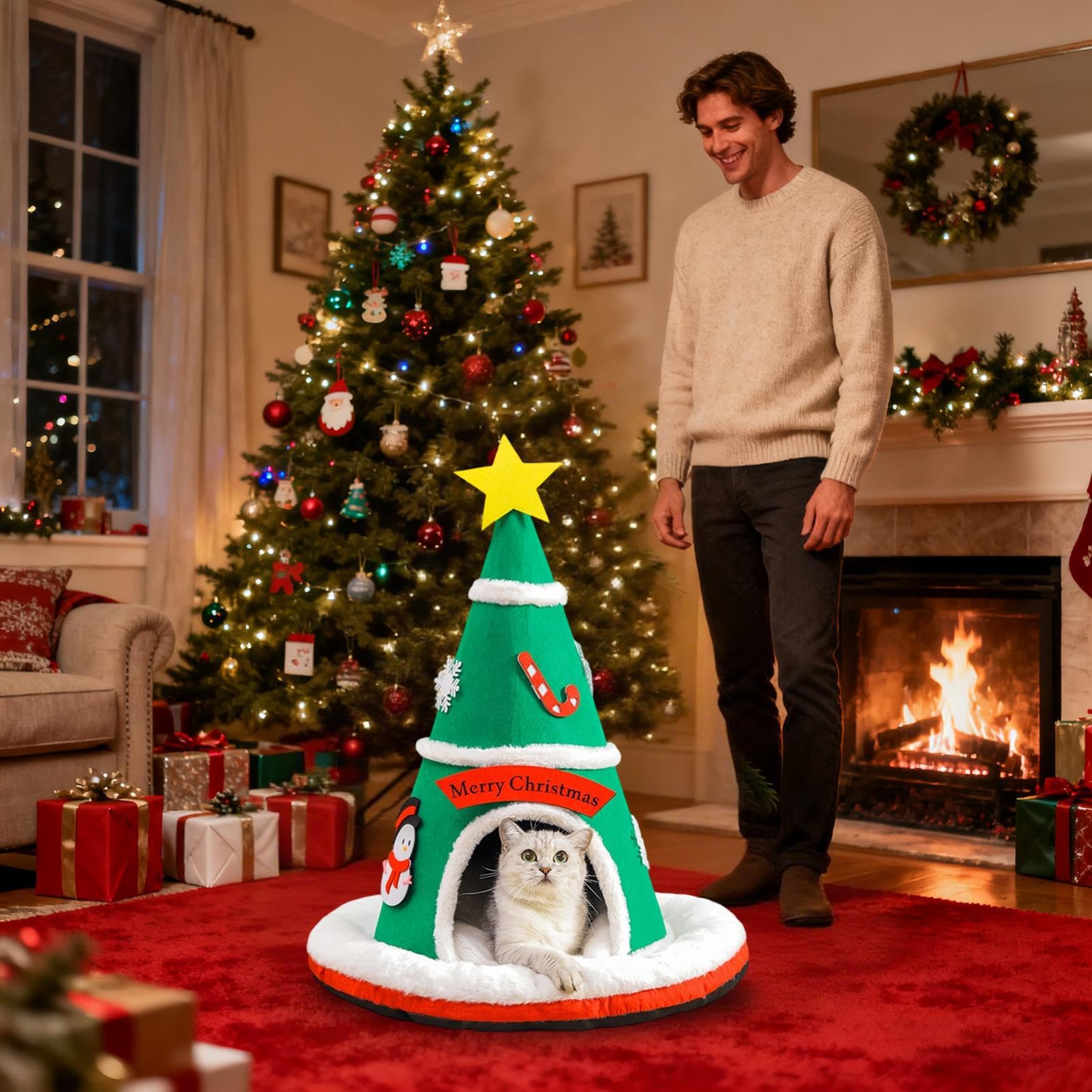 Generico Cuccia Gatti Chiusa Albero di Natale Caldo con Cuscino Amovibile | Grande Cuccia Per Gatti E Cuccioli Per Cani Piccoli Interno Decorazione Casa Camera Soggiorno Inverno Appartamento