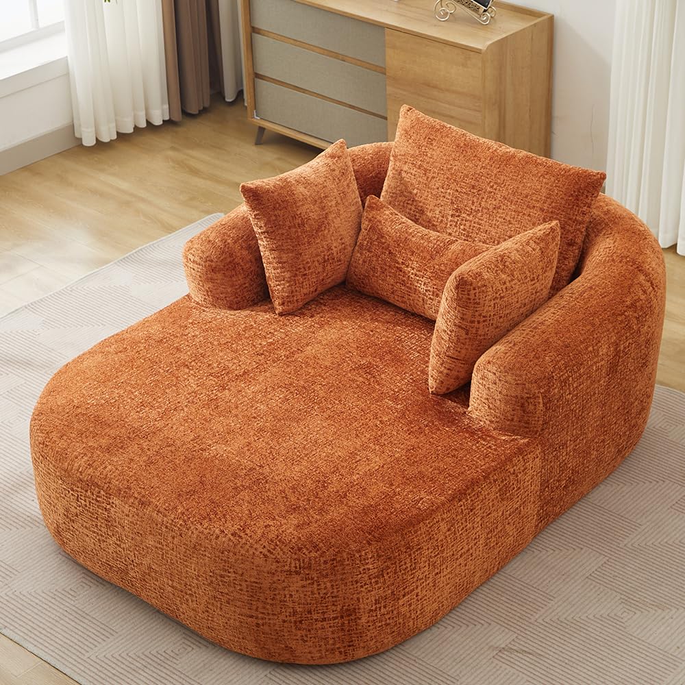 Oversized Chaise Longue Chair Indoor Modern Upholstered Chenille Deep Seat Sofa Bed with Throw Pillows and Armrests Sleeper