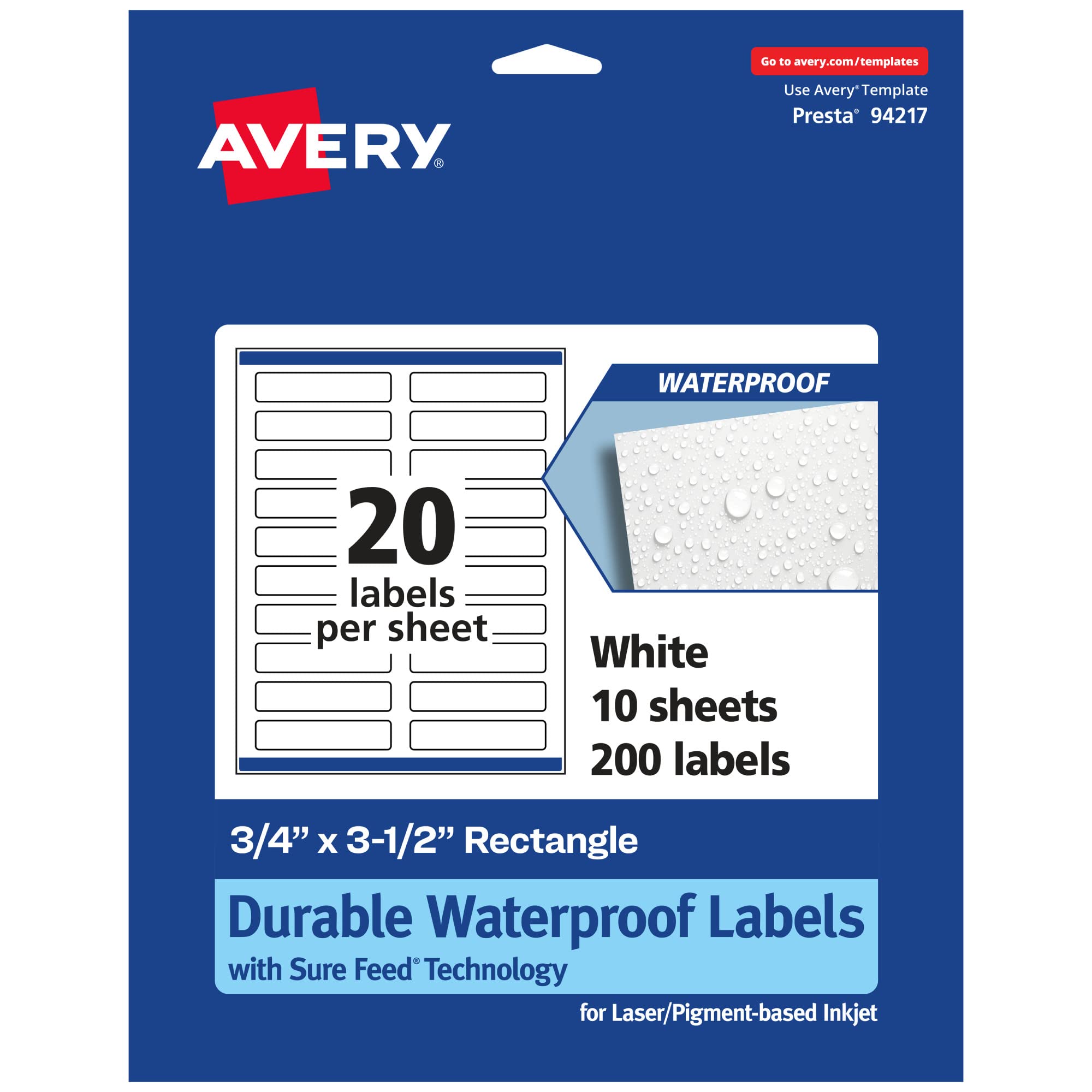 Avery Durable Waterproof Rectangle Labels, Sure Feed Technology, 0.75" x 3.5", 200 Total, Oil and Tear-Resistant Waterproof Labels, Print-to-The-Edge,