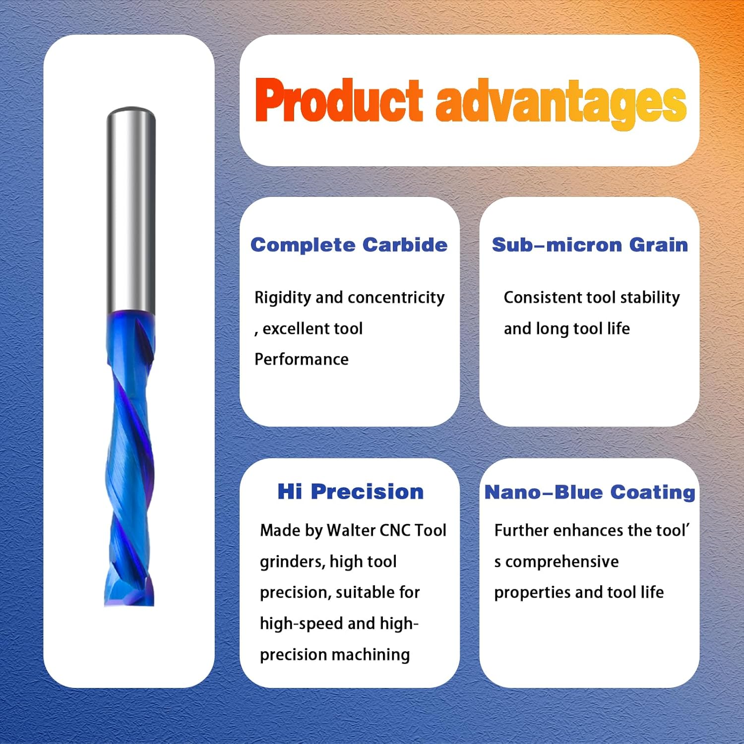 5PCS Solid Carbide Spiral Up-Down Cut Router Bit 1/4" Shank, 1/4" Cutting Diameter 2-1/2" OAL Compression End Mill with Nano Blue Coated CNC Woodworking Bit
