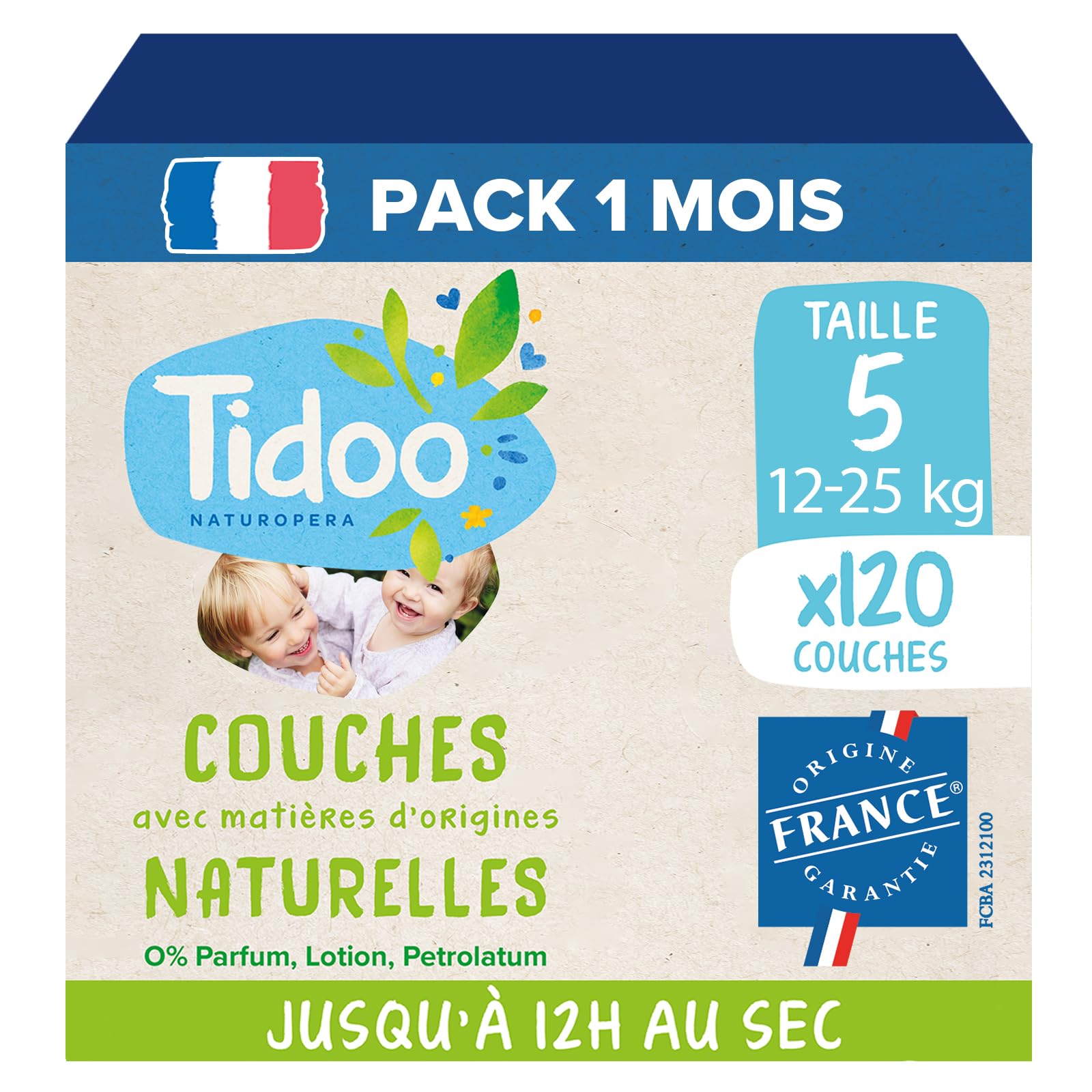 TIDOO - Couches écologique Taille 5 (12-25kg) - Origine Naturelle, sans substances nocives - 12h au sec, ultra absorbantes - Fabriquées en France - 120 Couches Jetables - Pack 1 Mois