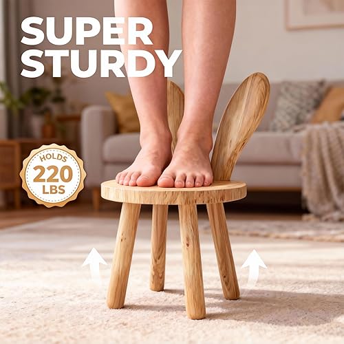 Miniatura 5 de Silla de conejo de madera maciza, bonita silla multifuncional de madera de goma resistente para sala de estar, dormitorio, sala de juegos, fácil