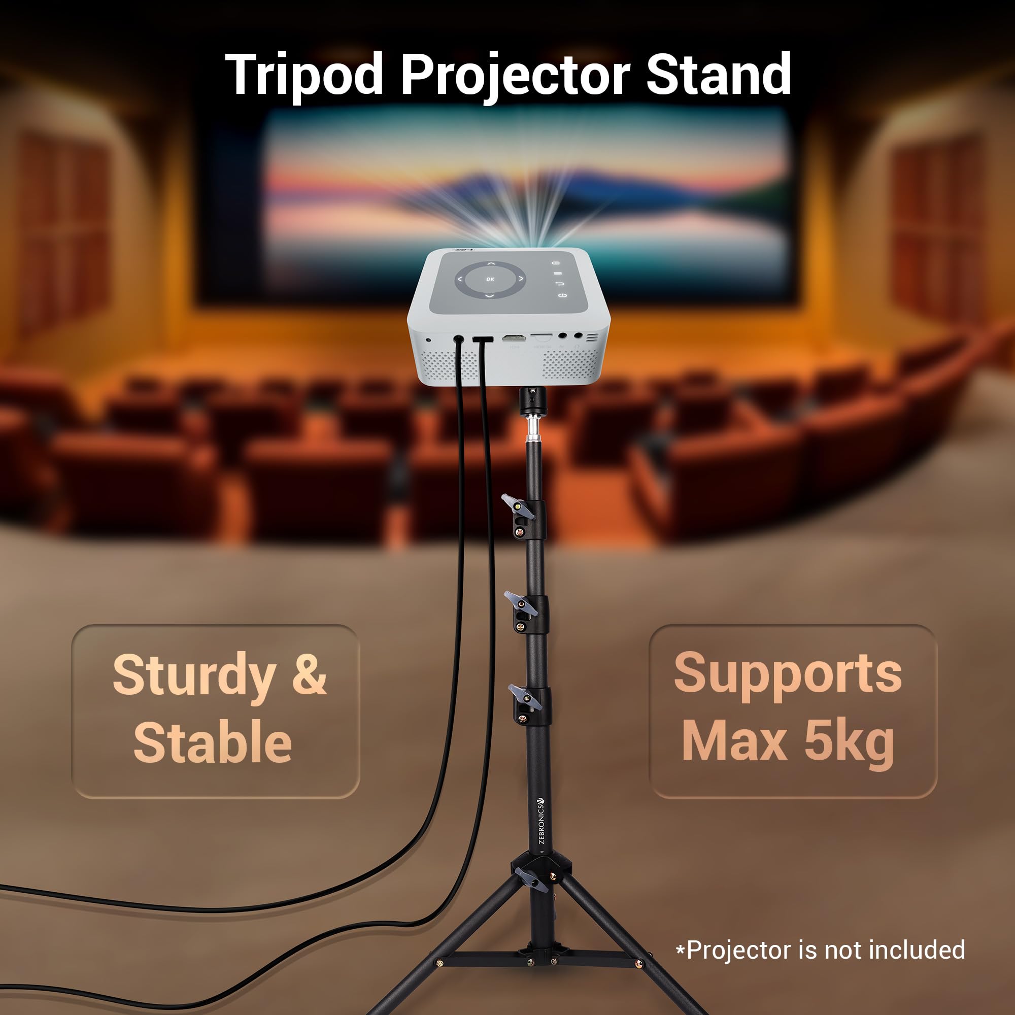 ZEBRONICS PSH01, Projector Tripod Stand, 360° Rotatable, Foldable and Portable Design, Metal Body, 4 Level Height Adjustment, Supports Upto 5kg, Easy to Setup, with 6.35 mm Mounting Screw — Amazon image 2
