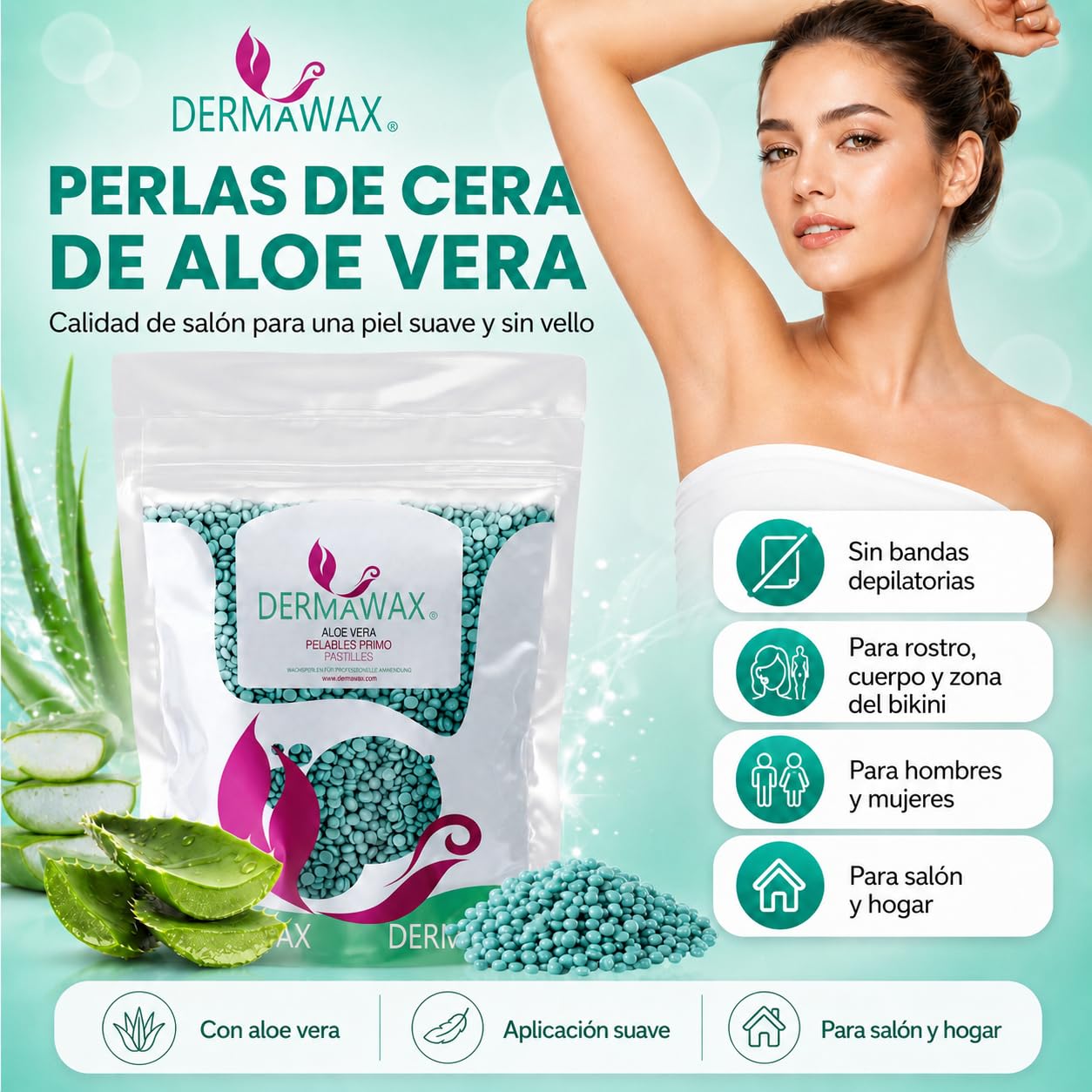 Perlas de Cera Aloe Vera 1 kg Profesional – Cera Depilatoria Sin Bandas para Piel Sensible, Brasileña, Facial y Corporal – Dermawax