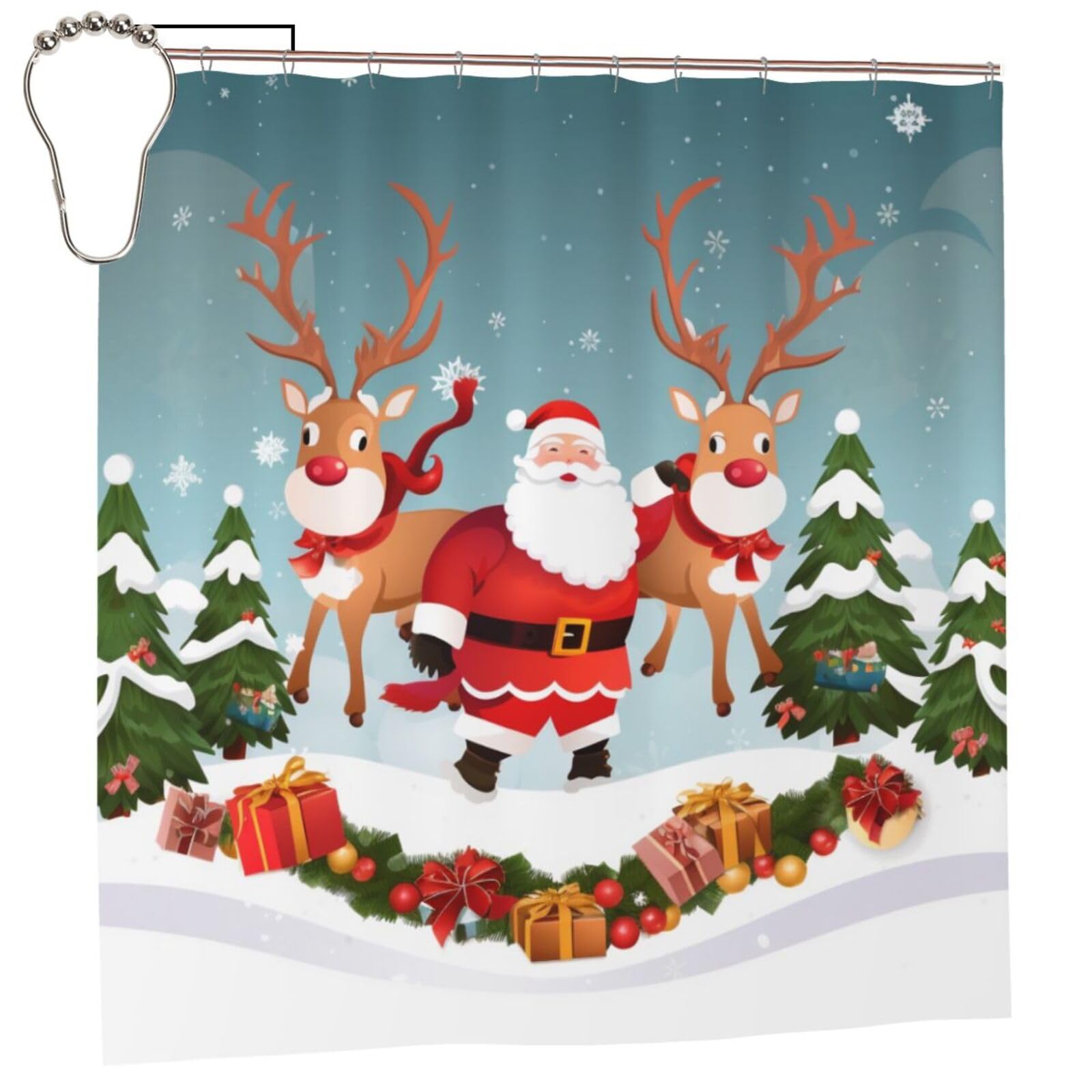 BWWHCCTI Merry Christmas Printed Shower Curtain With 12 Iron Hooks Opaque Quick Drying Waterproof Shower Curtains Sets For Bathroom 183x183 CM