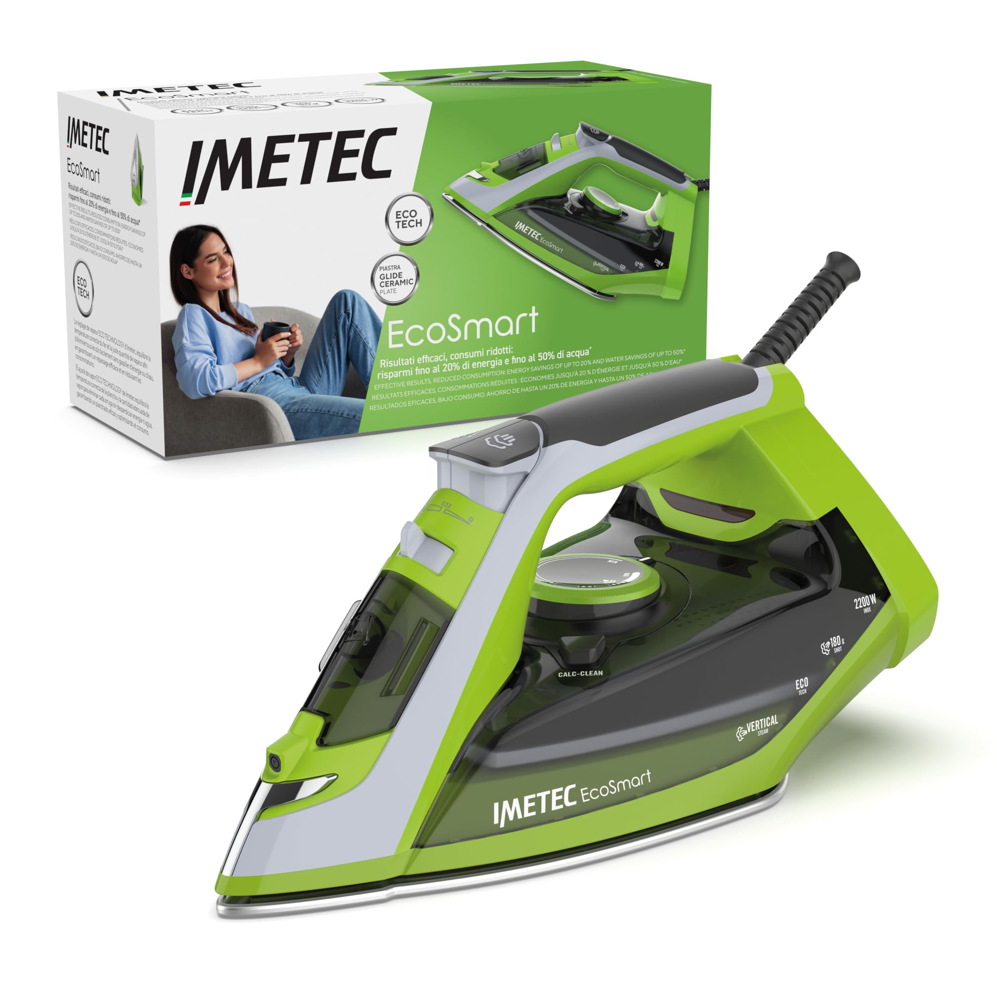 Imetec EcoSmart, Ferro da stiro a vapore, risparmio energetico fino a -20% di energia e -50% di acqua, piastra Glide Ceramic superscorrevole, 2200 W, Colpo vapore 180 g, anticalcare