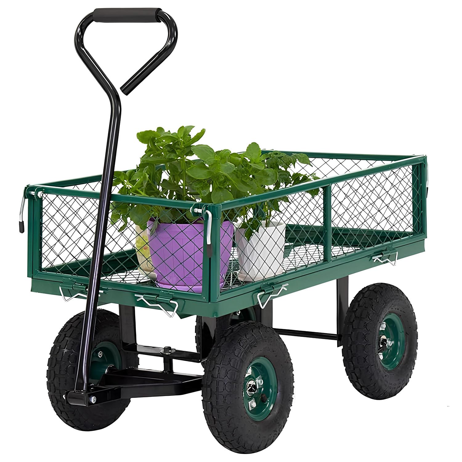Heavy Duty Garden Cart Yard Dump Cart with Removable Mesh Sides&180deg Rotating Handle Utility Metal Wagon for Yard,Farm,Beach,Lawn,Outdoor,Green