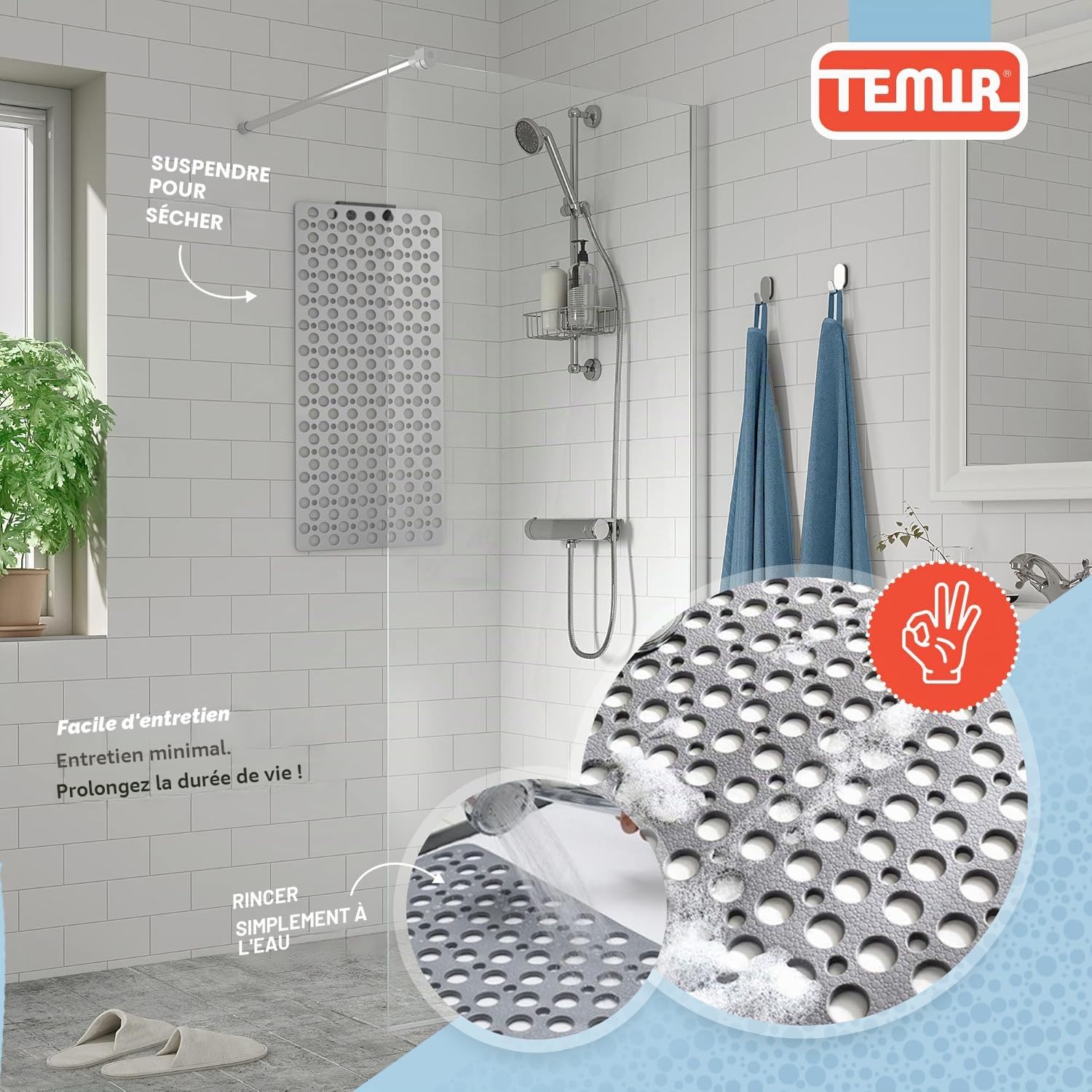 TEMIR Tapis de Bain antidérapant avec ventouses et Trous de Drainage, Doux et Lavable en Machine (43,2 x 73,7 cm)